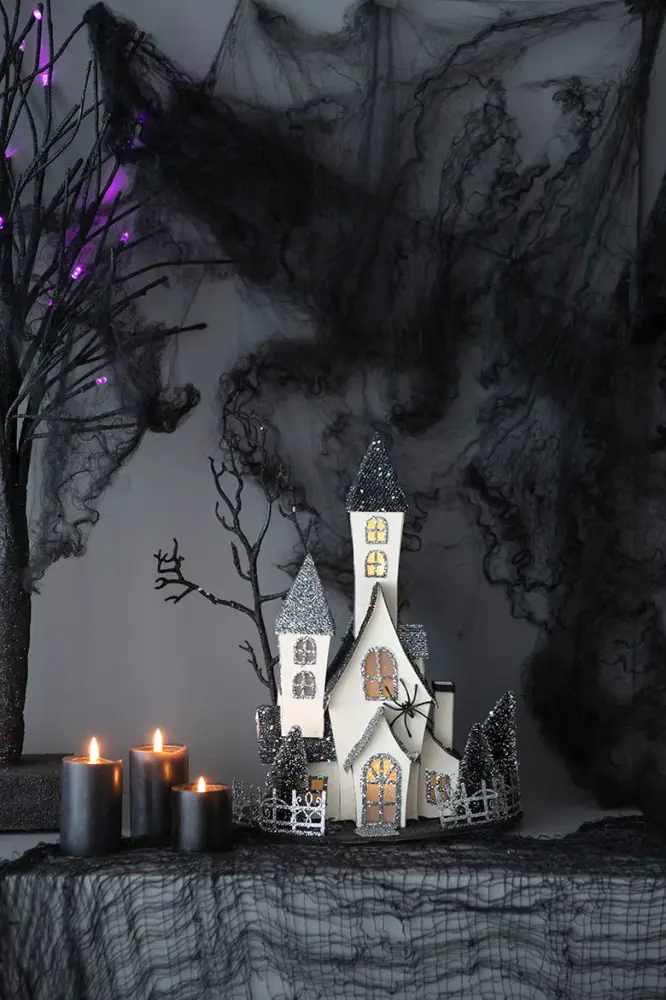 Cardboard Lighted Haunted House, Tabletop Holiday Halloween Decor, Battery Powered - Beige / Midnight