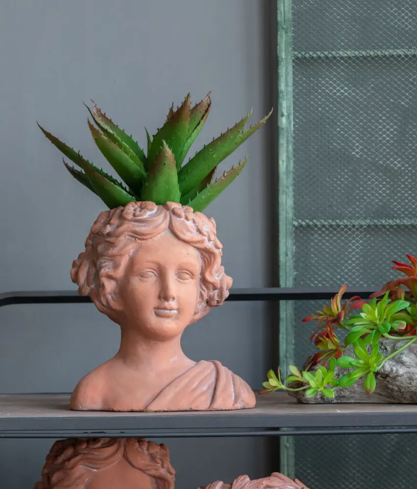 Head Bust Planter, Greek Style Cement Head Planter, Indoor Outdoor Home Garden Decor - Chocolate