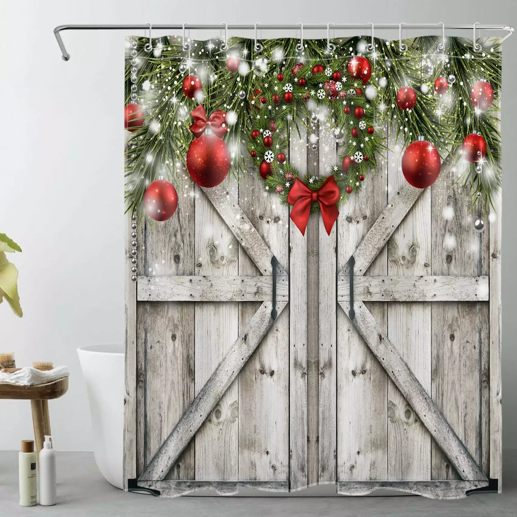 Vintage Christmas Shower Curtain Red Xmas Ball Green Fir Twigs 60x72 inches HVEST