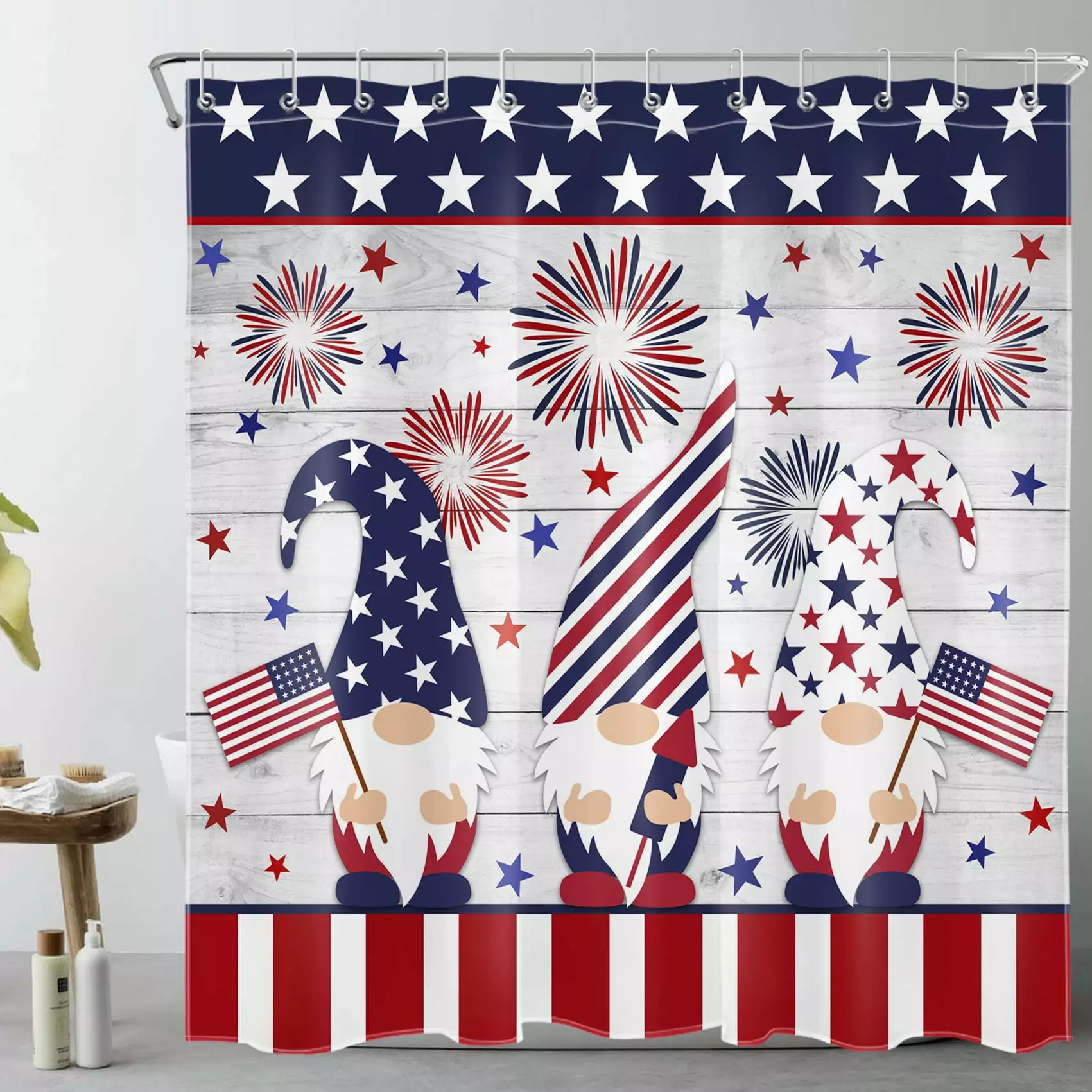 4th July Patriotic Shower Curtain Funny Gnome American Flag Independence Day Bathroom Decor 69X70 Inch Polyester Fabric HVEST