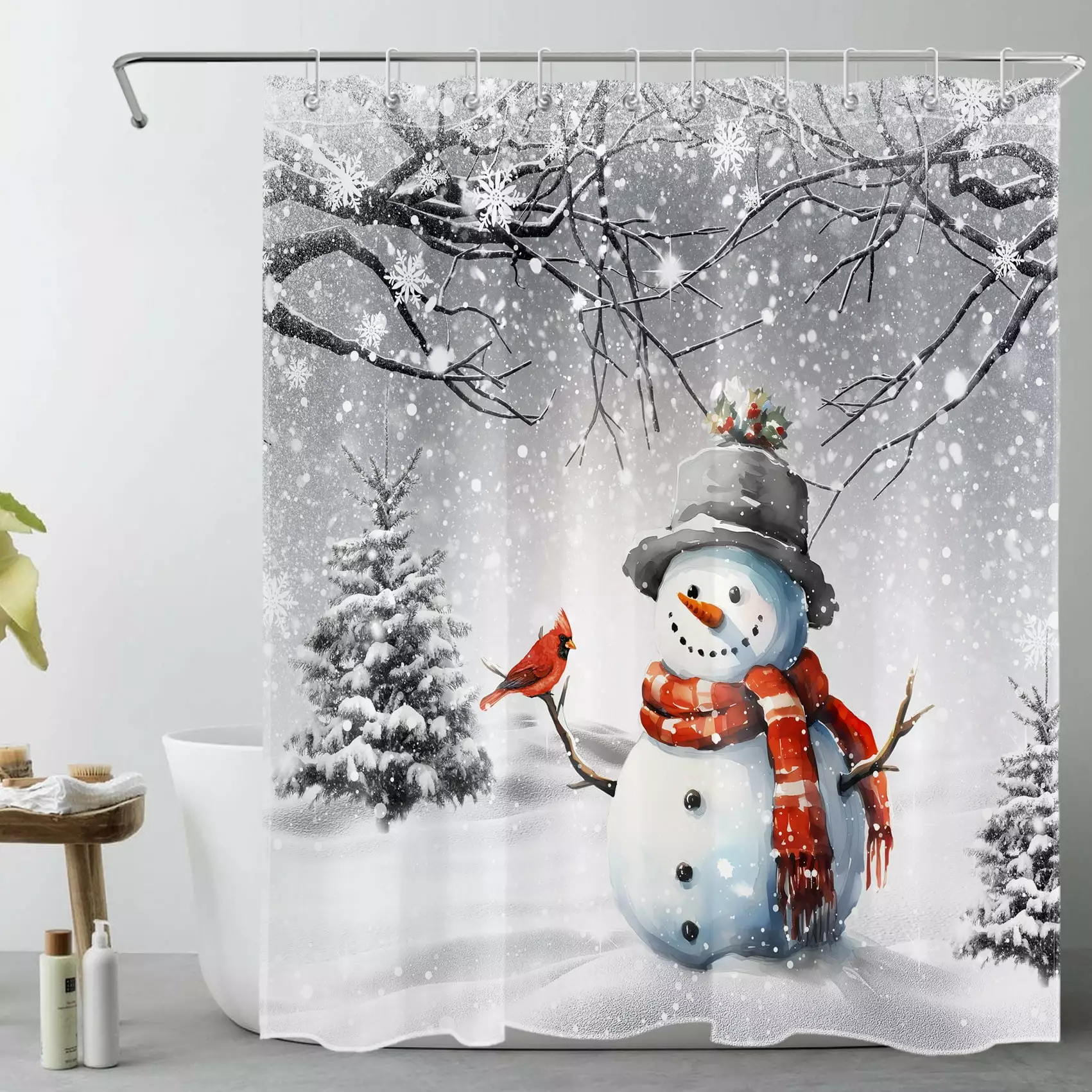 Winter Christmas Shower Curtain Cute Snowman Cardinals and Pine Tree on Snowfield Fabric Bathroom Set Hooks Forest Snow Sc...