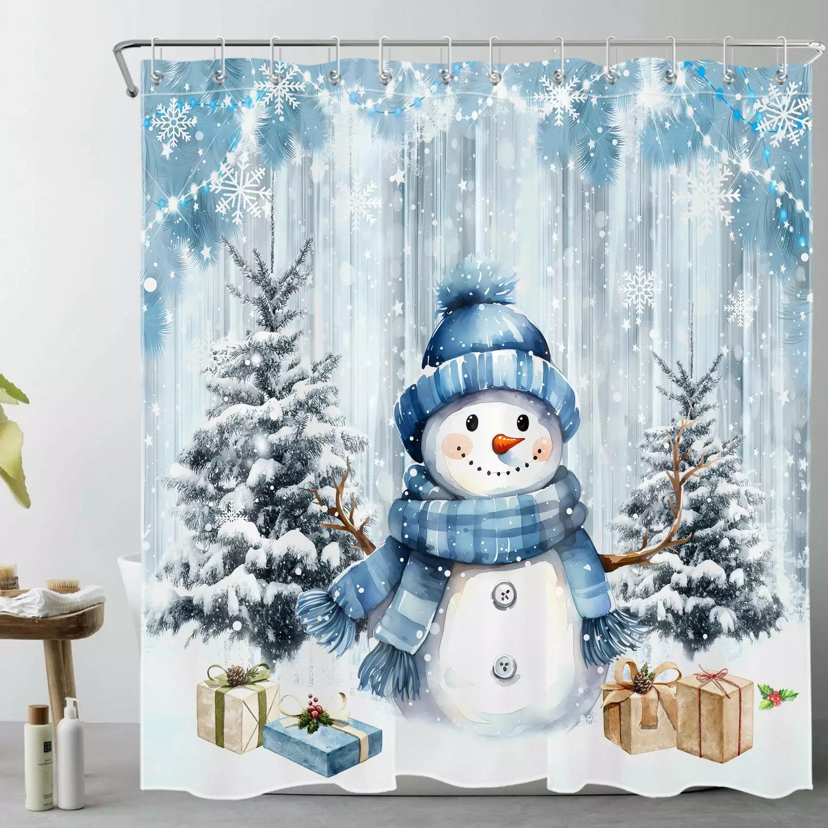 Winter Snowman Shower Curtain Christmas Tree Blue Snowman and Christmas Gift Box Fabric Bathroom Set Hooks Blue Winter Sce...