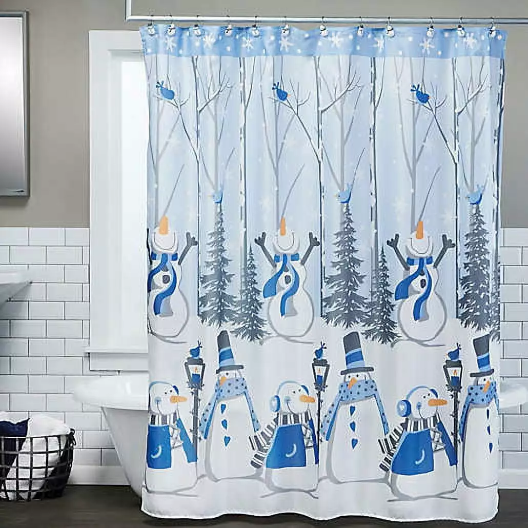 Winter Wonderland Polyester Shower Curtain 12 Piece Snowman Hook Set 70x72 Inches