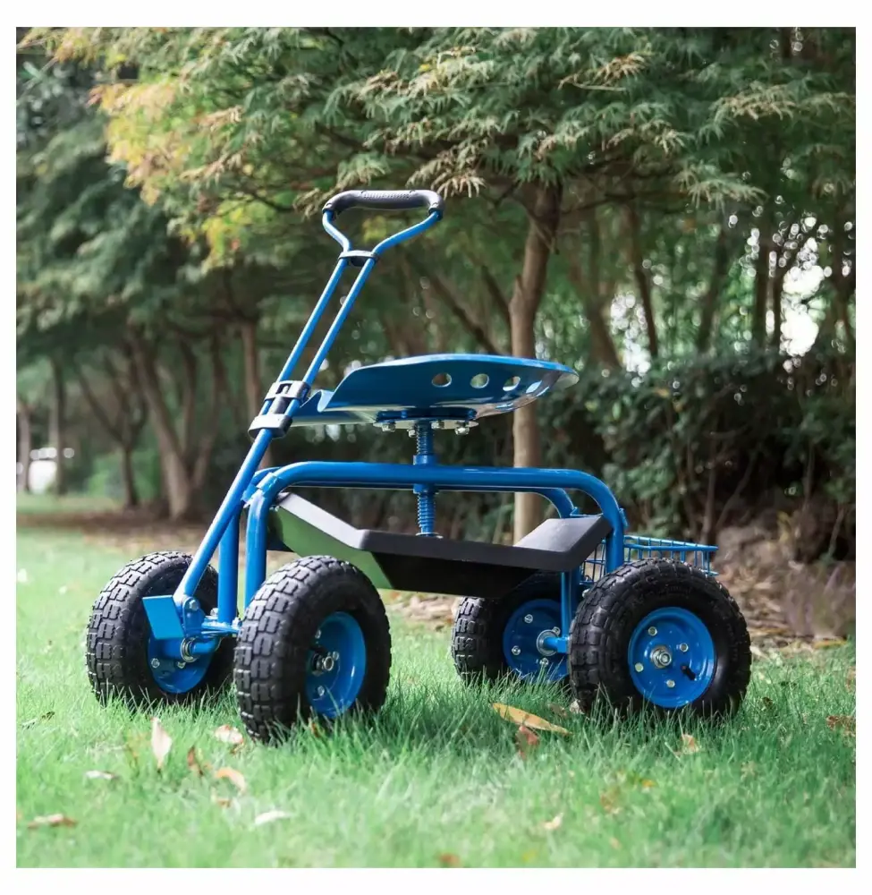 Garden Cart Seat Wagon Rolling Scooter 360 Swivel Seat Extendable Steering Handle Tool Tray Blue