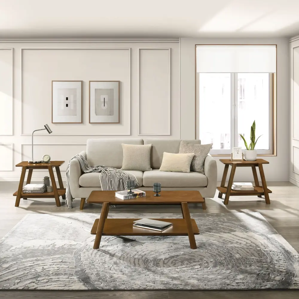 Metz - Mid-Century Modern Wood Shelf 3 Piece Coffee Table Place - Walnut