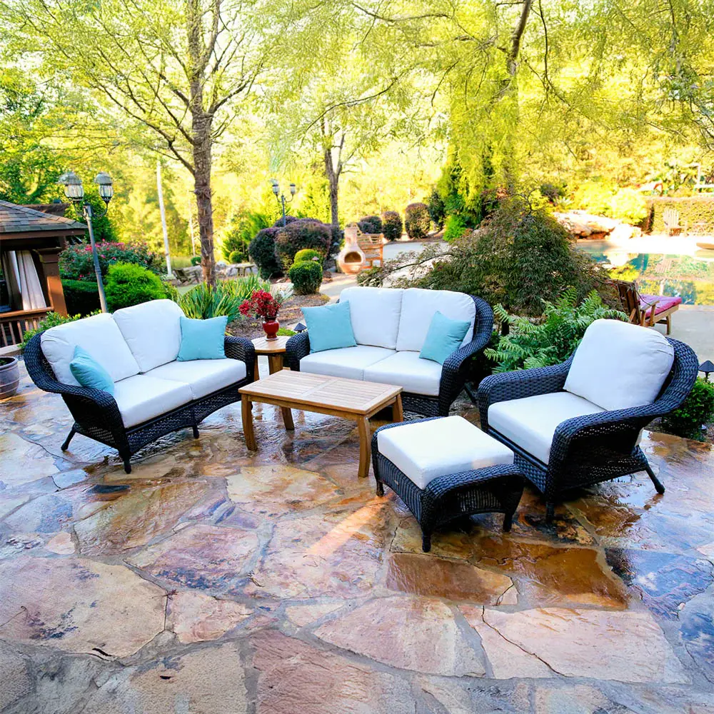 Sea Pines 6pc Wicker Seating Adjust Teak Wood Coffee Table