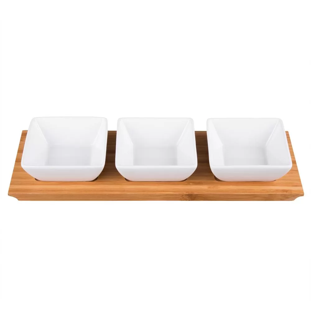Creative Home 4-Piece Stoneware Square Bowls and Bamboo Serving Dishes Set