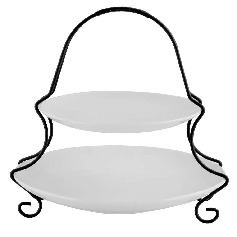 GIBSON Elite Gracious Dining 3-Piece White Porcelain 2-Tiered Serving Set Metal Rack