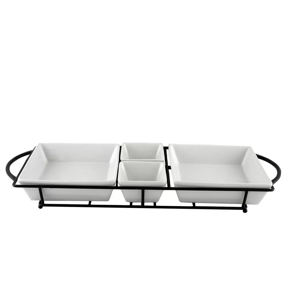 Gibson Gracious Dining 5-Piece White Porcelain Serving Set Metal Rack