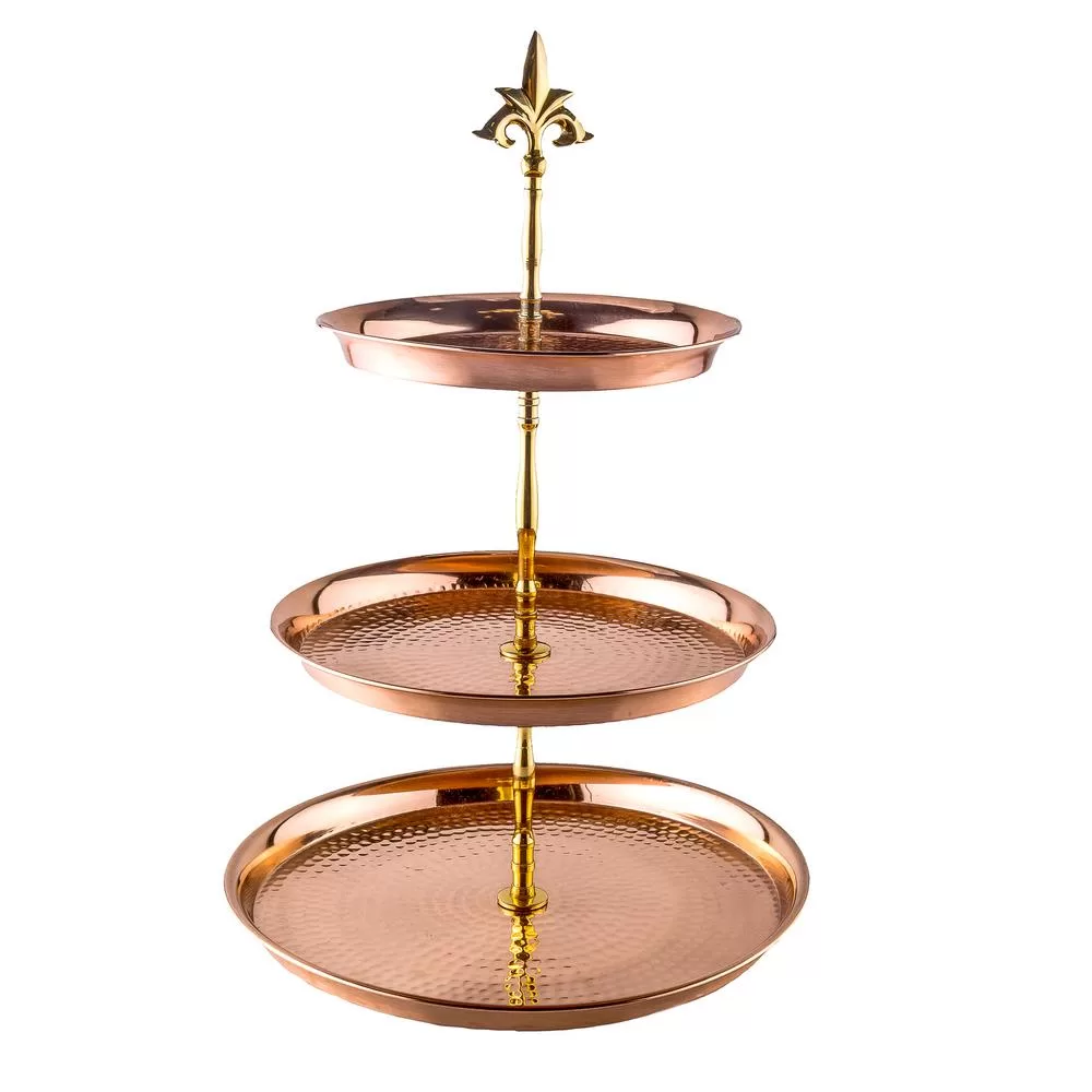 Old Dutch 3-Tier Hammered Solid Copper Serving Tray Brass Stem