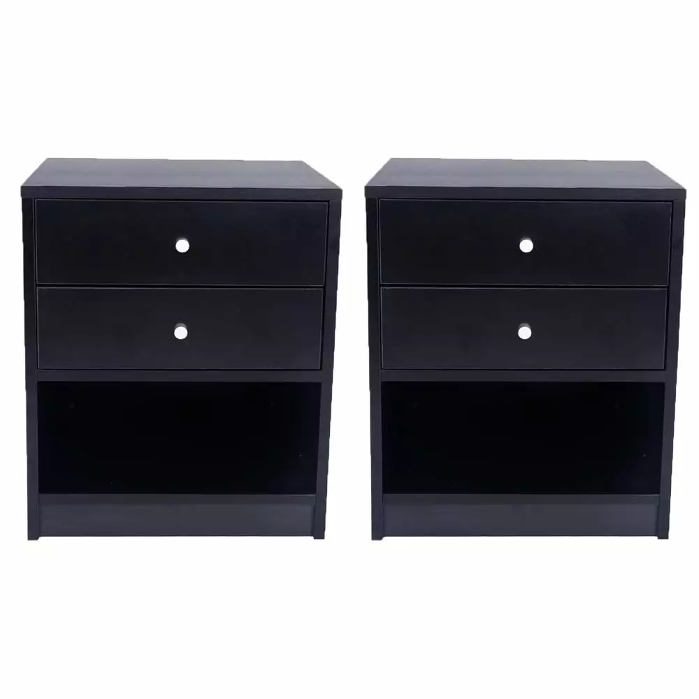Black Wooden Nightstand Set 2 Drawers Bedside Table End Table Accent Furniture Bedroom BaytoCare