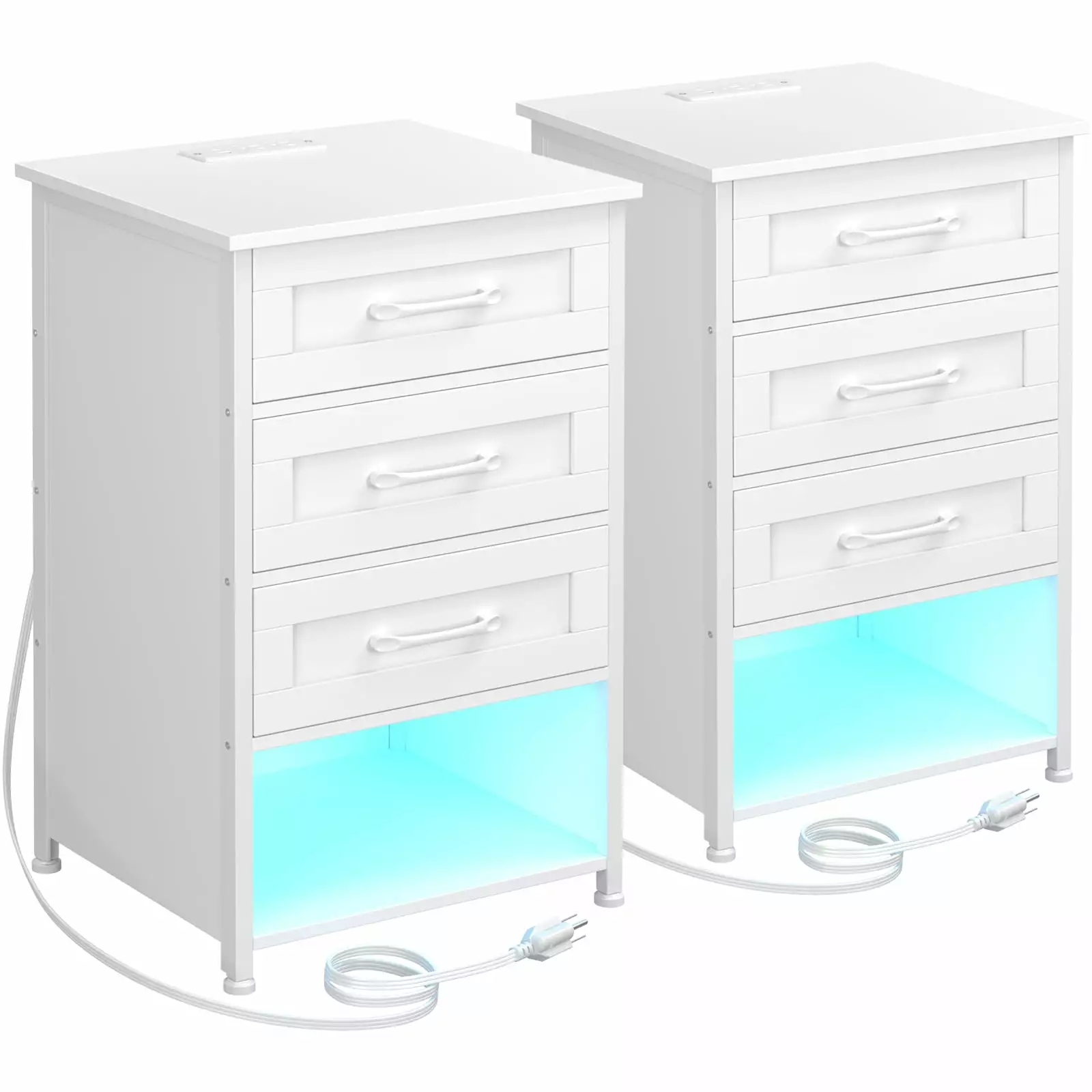 White Nightstand Set 2 Charging Station LED Light Strip 3 Wood Drawers End Tables Bedroom LOAKEKEL