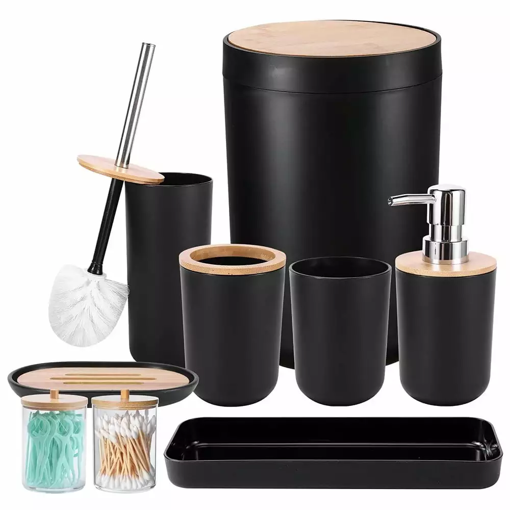 9Pcs Bamboo Bathroom Accessories Set Garbage Can Toothbrush Holder NOBRAND