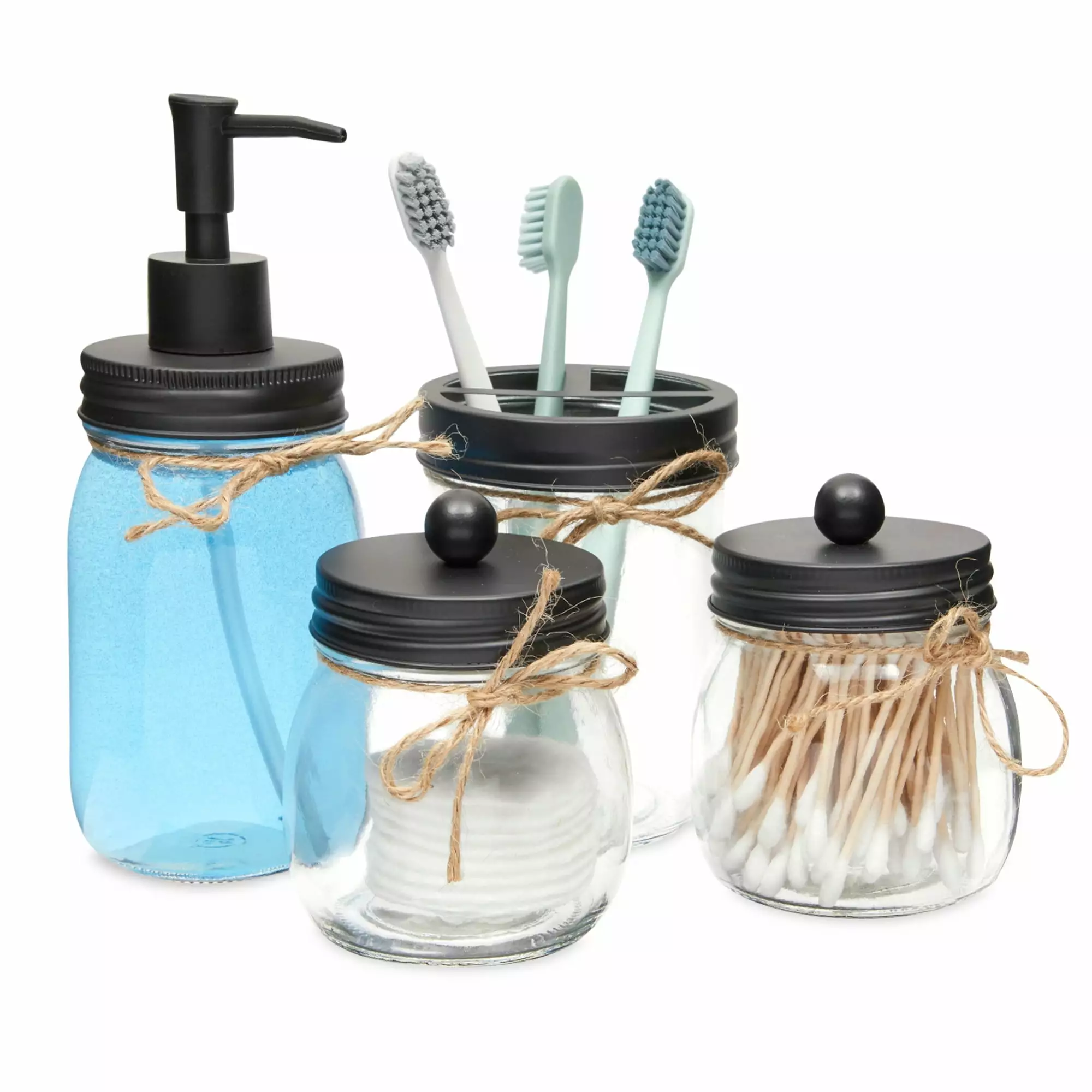 4 Piece Mason Jar Bathroom Accessories Set Soap Dispenser Toothbrush Holder Farmhouse Theme Okuna Outpost