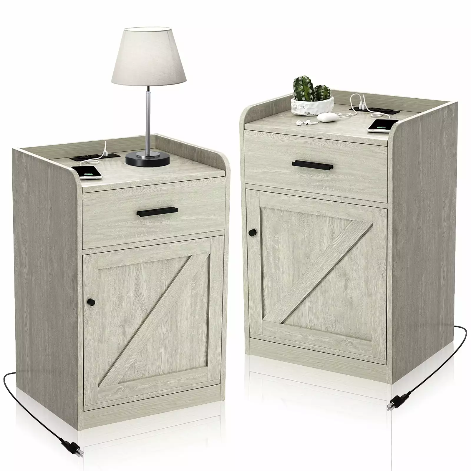 Nightstand Set 2 Merged Charging Hub USB Ports Spacious Design Contemporary Bedside Tables TAKSCO