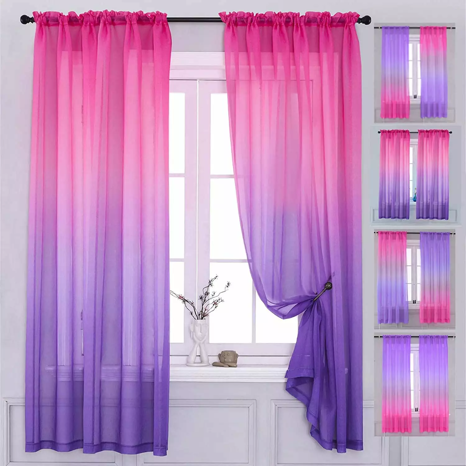 2 Panel Sets Sheer Curtains Pink Purple Ombre 40x63 Inches Girls Bedroom or Living Room Mermaid Theme NOBRAND