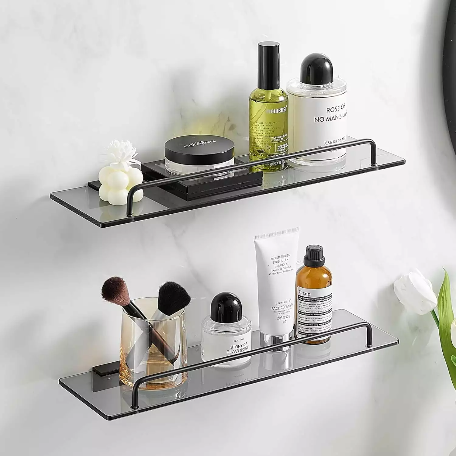 Black Tempered Glass Bathroom Shelf Wall-Mounted 2 Tier Spiritual Realm