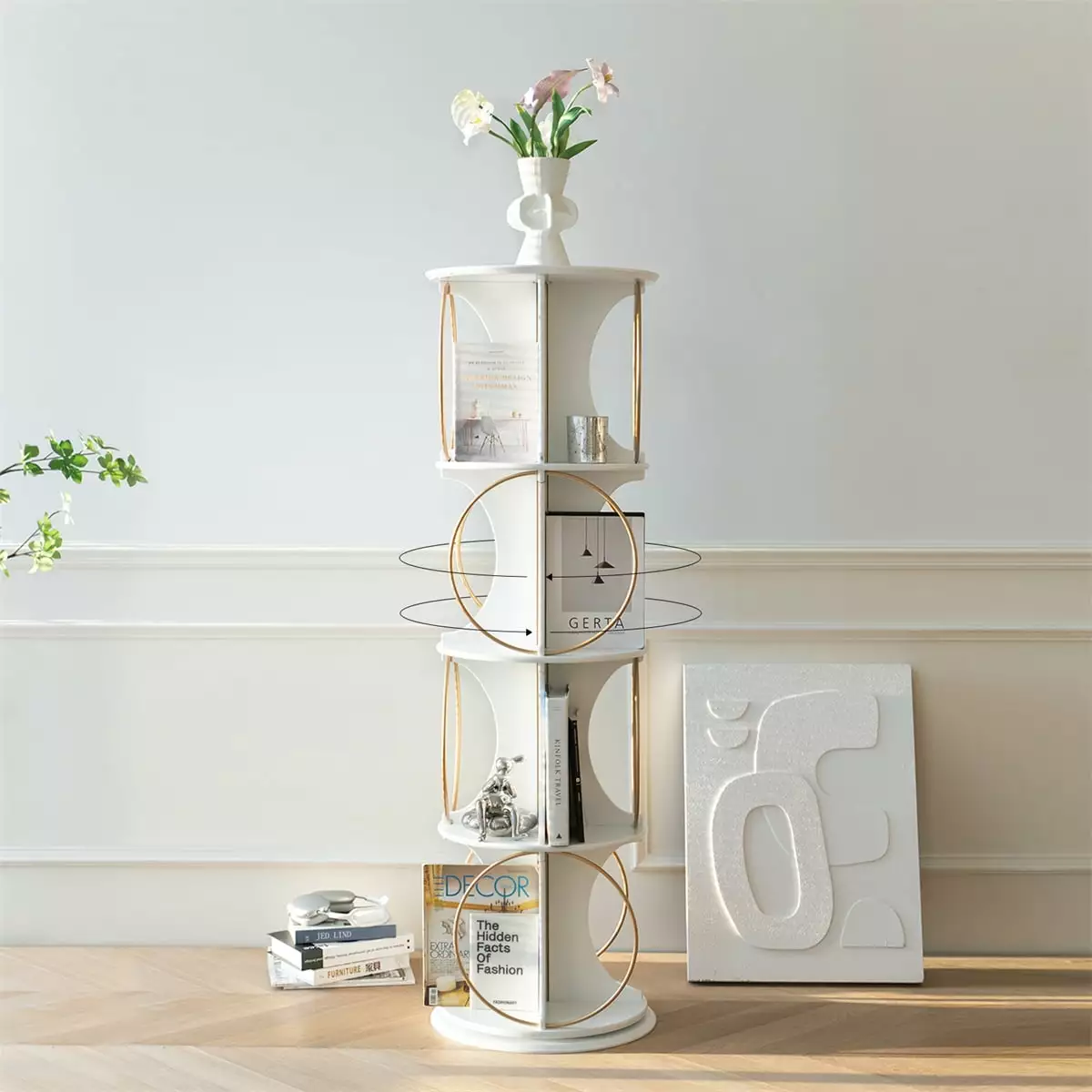 360 Rotation Display Shelf 4 Tier Bookcase Storage Rack Floor Standing Arranger Living Room Bedroom White HOMIQUEEN