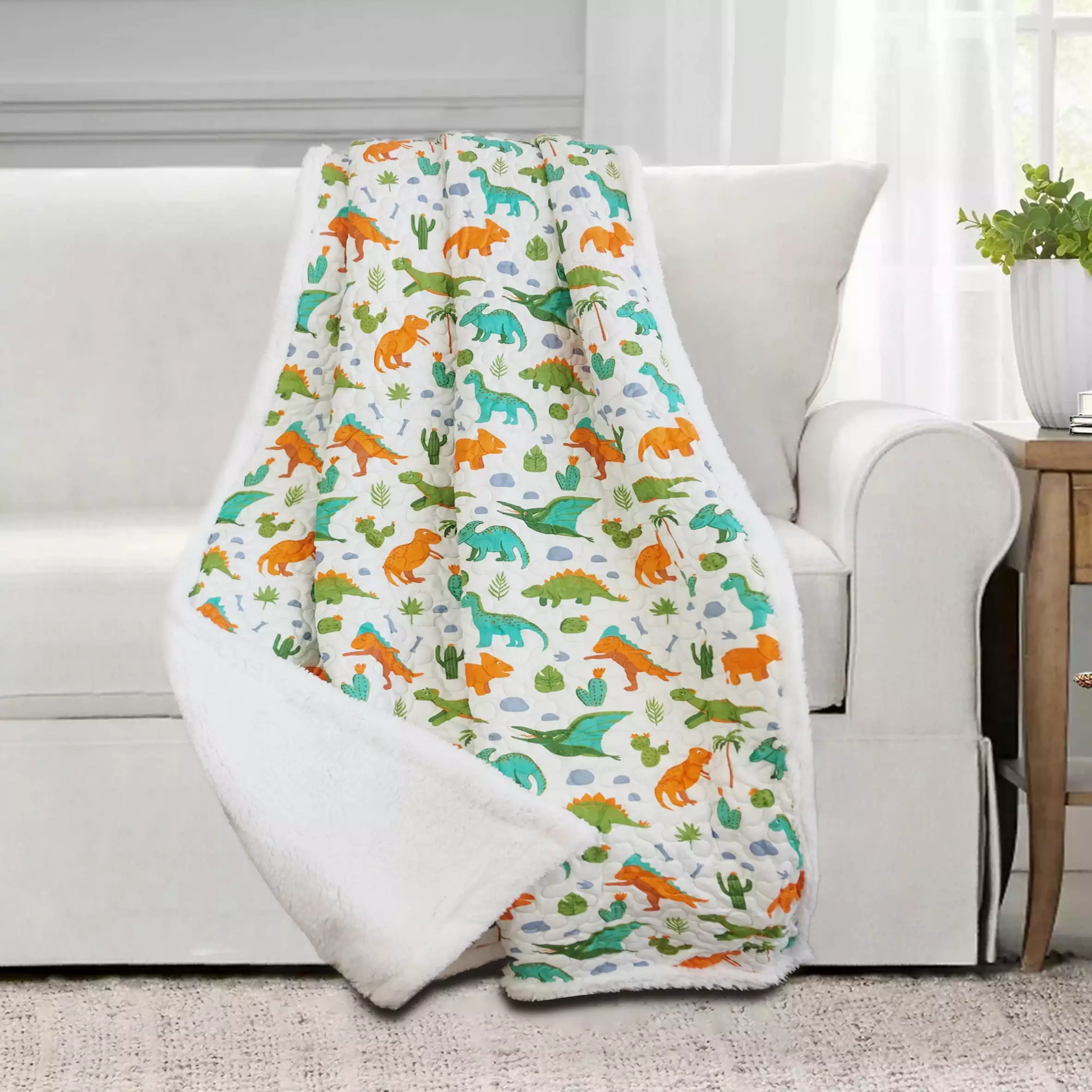 Dinosaur Park Quilted Sherpa Throw Blanket 50x60 Inches Soft and Warm Harper Lane