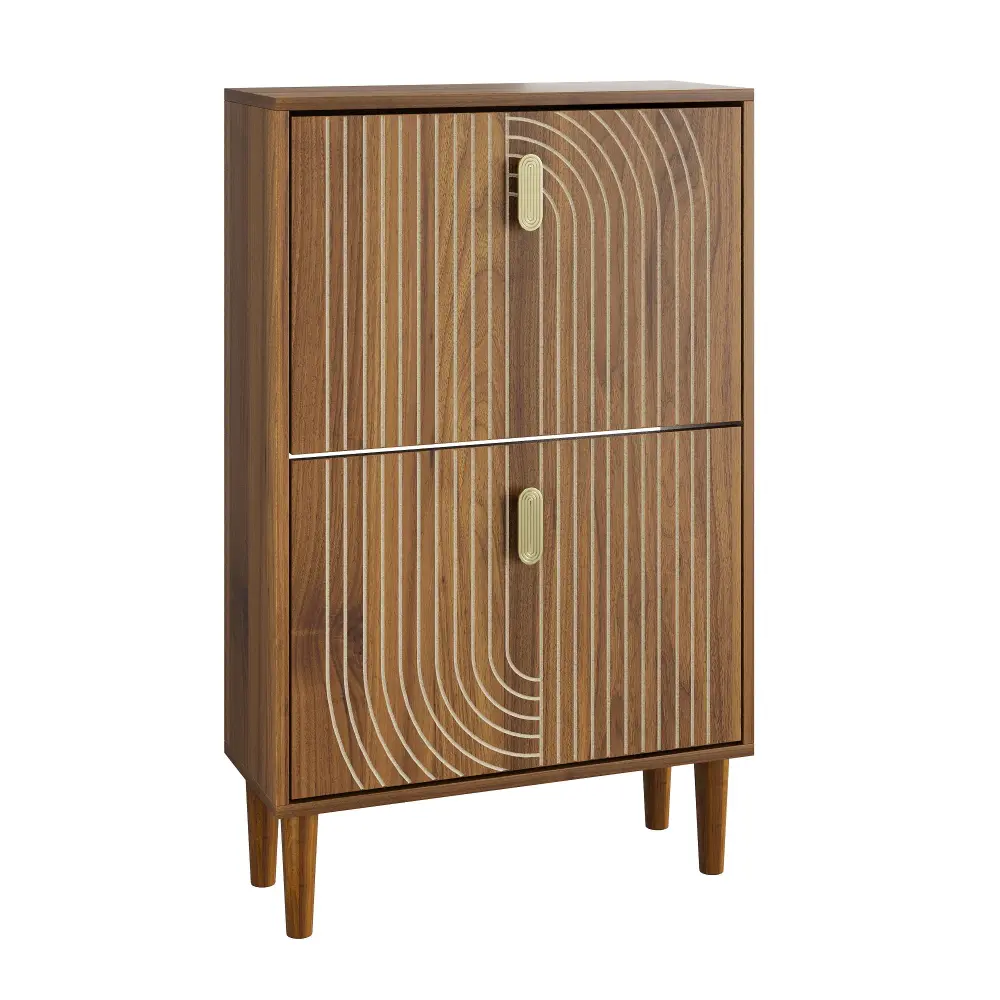 Modern Minimalist Shoe Storage Cabinet 2 Flip Drawers And Metal Handles - Brown