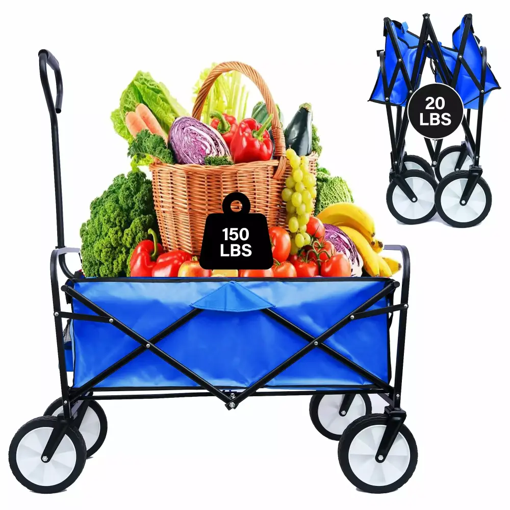 Collapsible Shopping Wagon Outdoor 40.5x21x46.5 Folding Wagons and Carts Adjustable Handle Blue