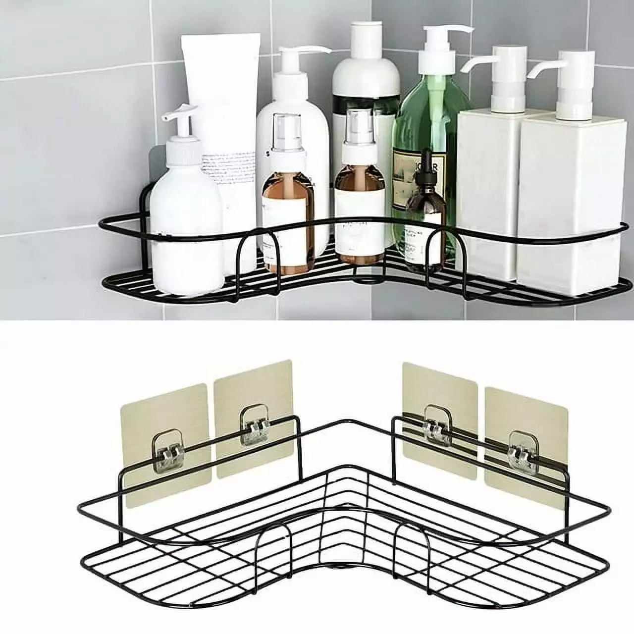 Bexikou Corner Shower Caddy Hanging Bathroom Shelf 4 Removable Hooks Rust Proof Black Casewin