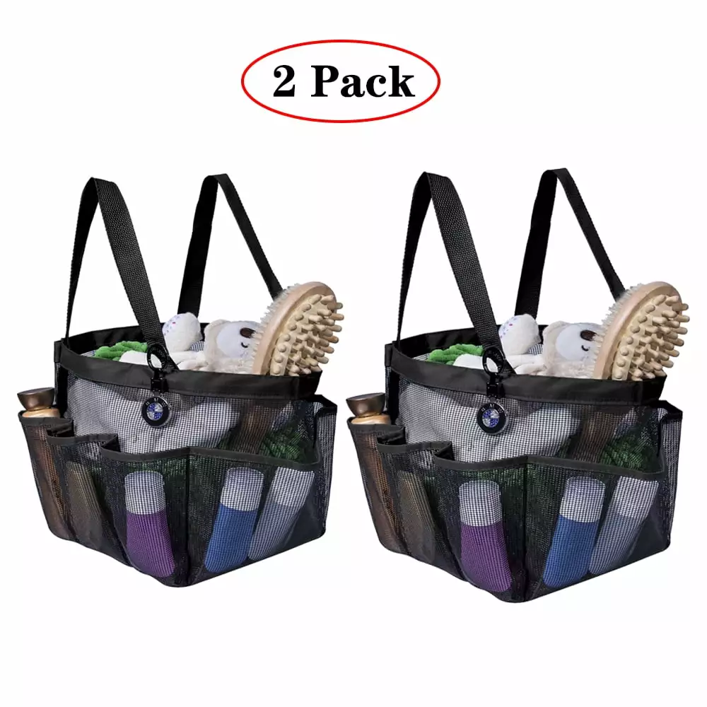 Amerteer Travel-friendly Quick Dry Shower Tote Bag Oxford Hanging Toiletry and Bath Arranger Black 2 Pack