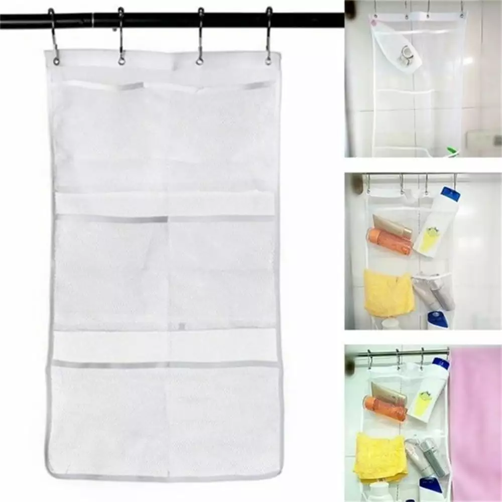 Casewin Hanging Mesh Pockets Bathroom Caddy 6 Pockets Hang Curtain Rod 4 Rings Quick Dry Space Saving Bexikou