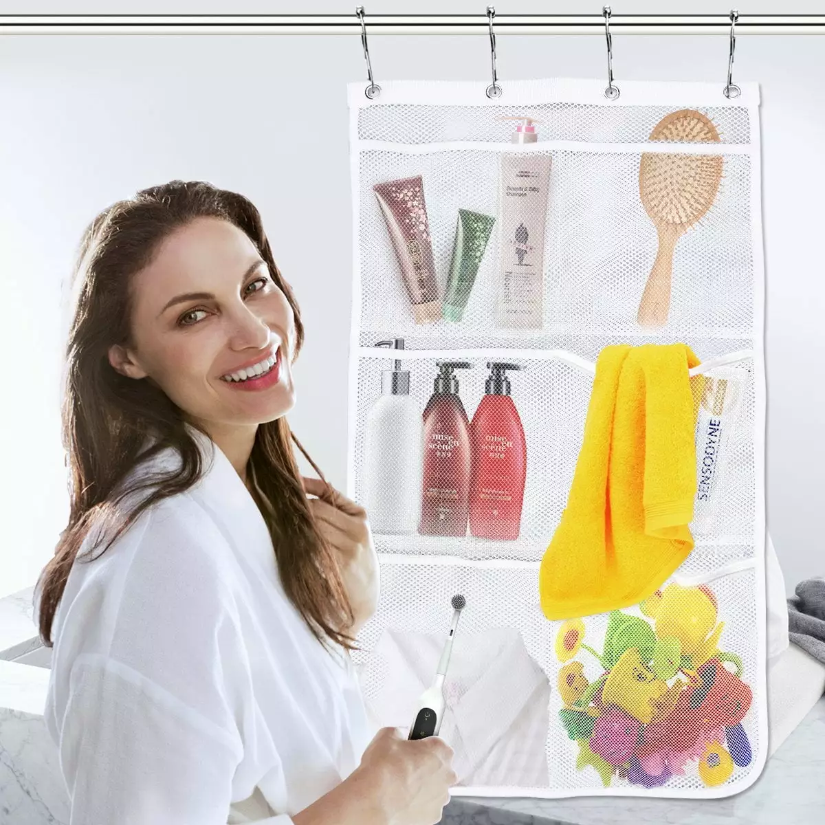 Mesh Shower Organizer Quick Drying 6 Pockets Hang Curtain Rod Topboutique