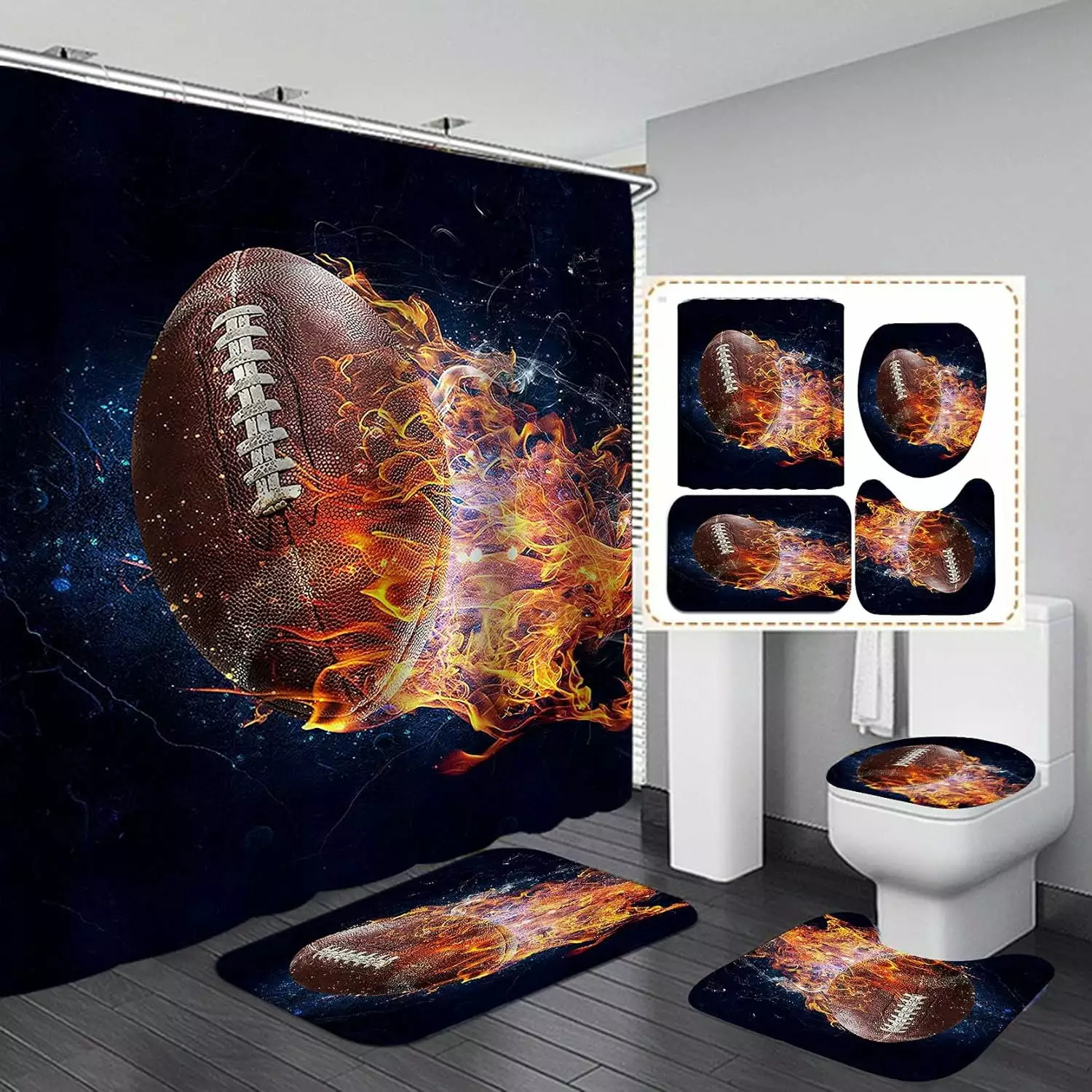 4PCS Burning American Football Shower Curtain Set - Sports Bathroom Decor Non-Slip Mats AOUPVAY