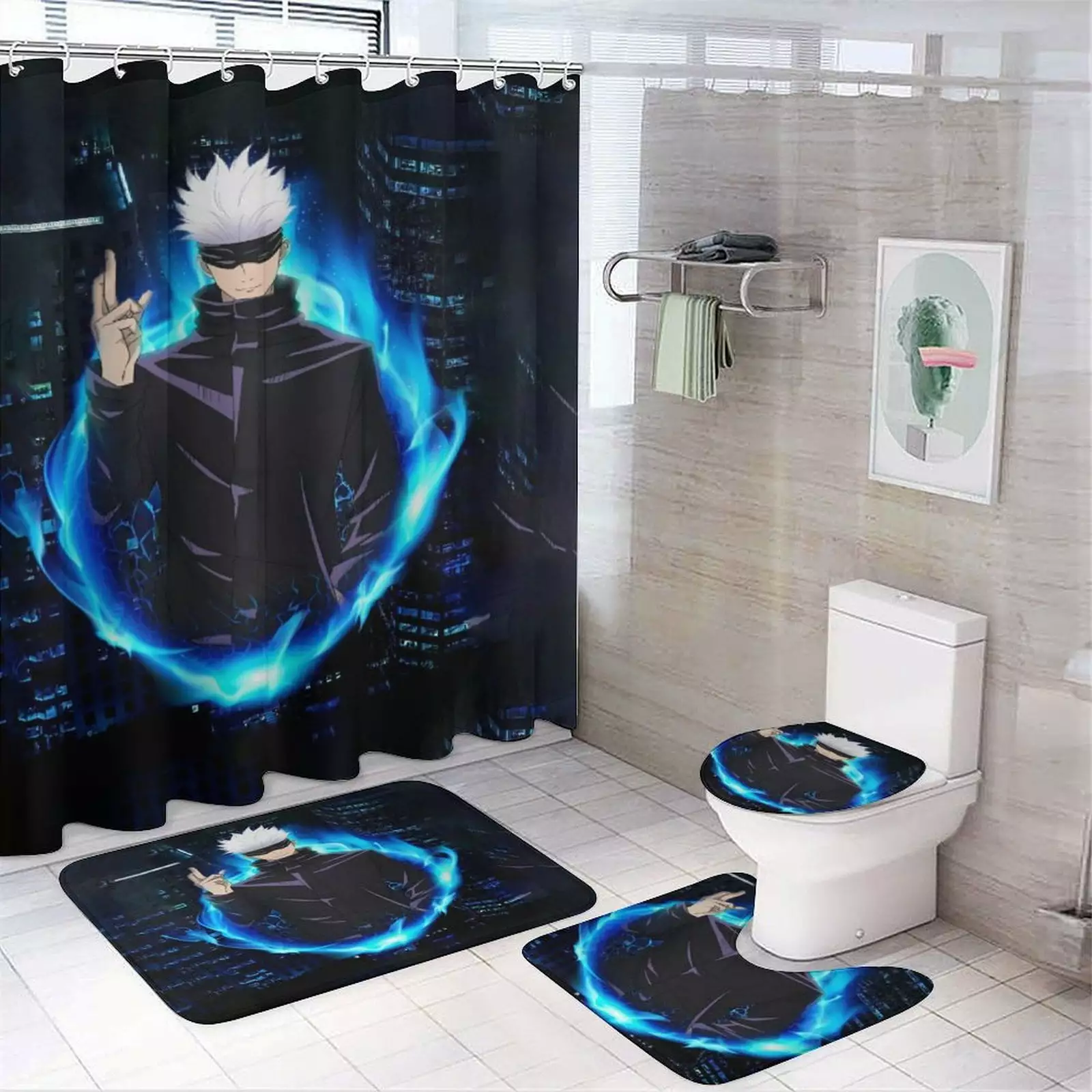 4PCS Jujutsu Kaisen Gojo Shower Curtain Set - Bathroom Decor Non-Slip Mats & Rug Kbozyqu