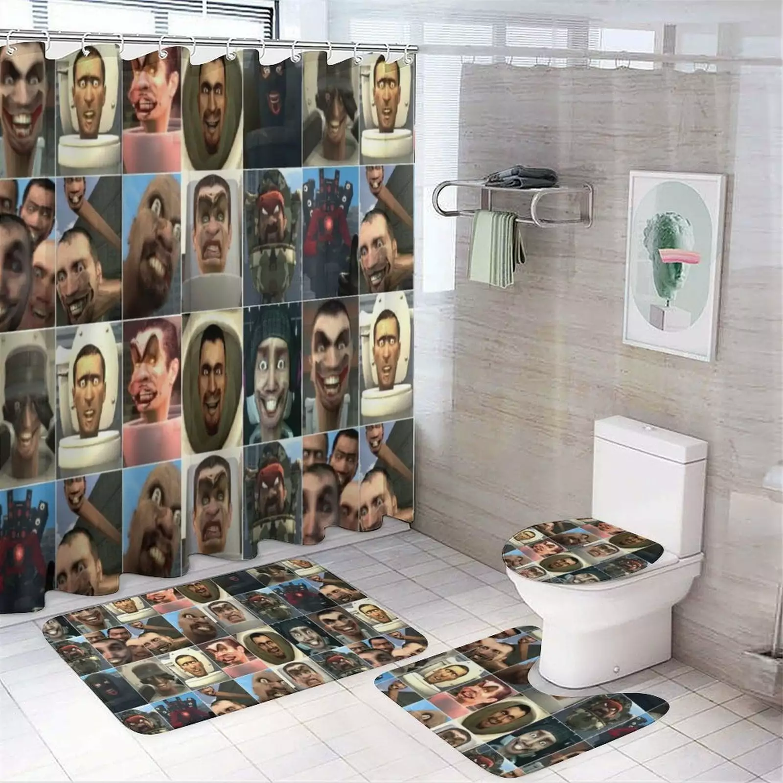 4PCS Skibidi Toilet Bathroom Set Shower Curtain, Lid Rug, and Bath Mat Kbozyqu