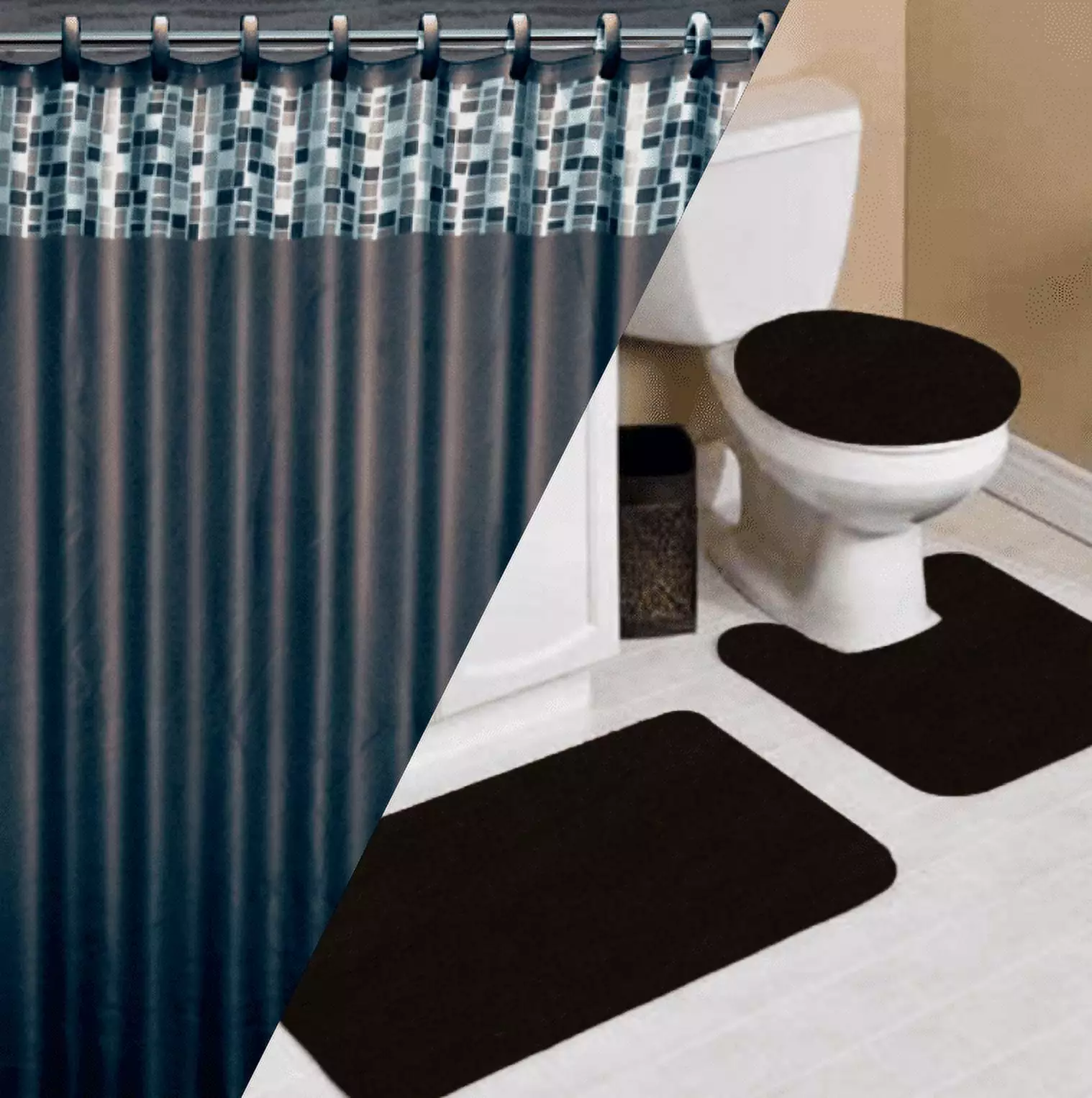 16PC Mosaic Black Complete Bathroom Mats Shower Curtain Hooks Set Modern Home Decor SAMIMPORT-2011