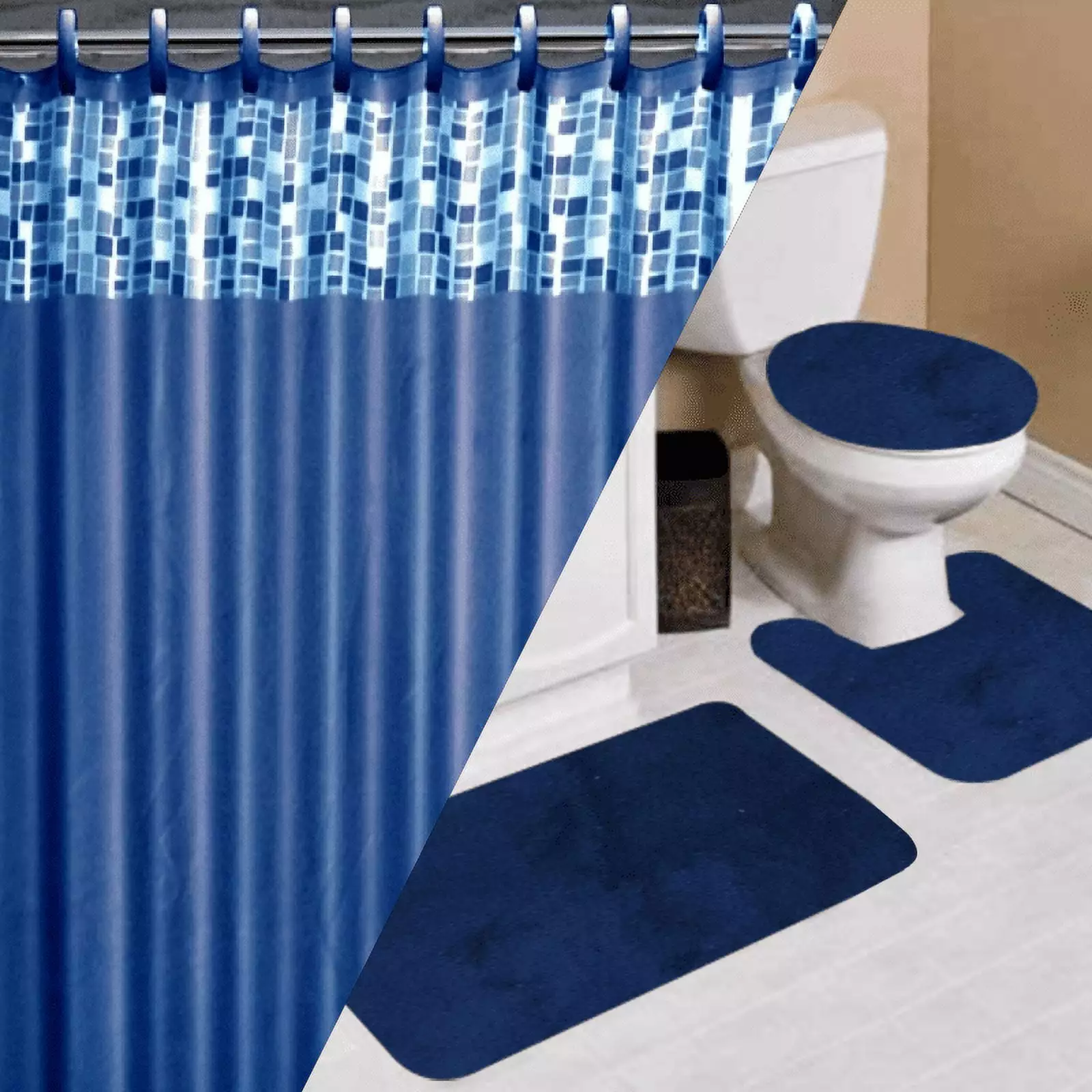 16PC Mosaic Navy Blue Complete Bathroom Mat Shower Curtain Hooks Set Modern Home Decor SAMIMPORT-2011
