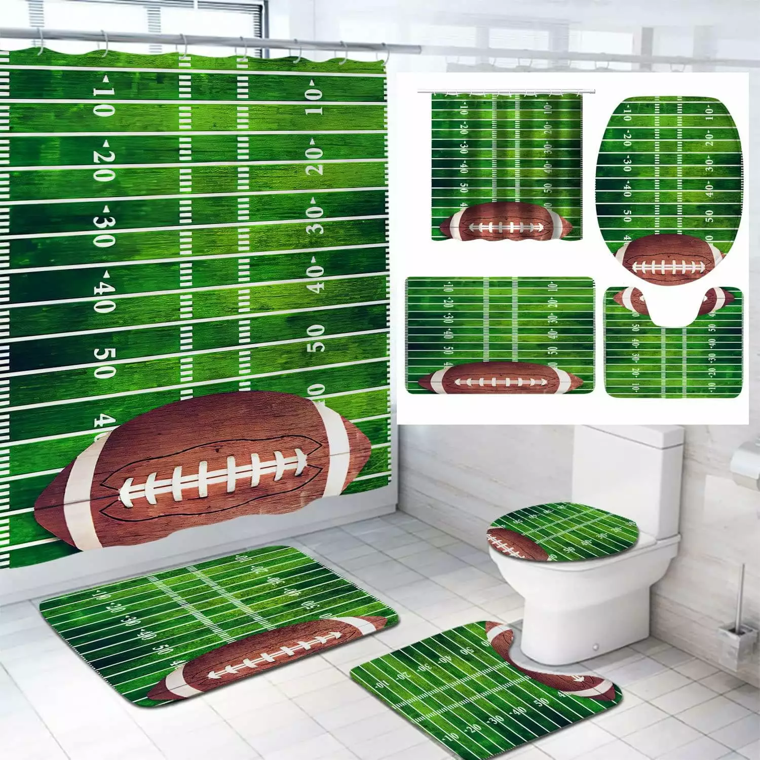 4PCS Sports Shower Curtain Set Rugs - Baseball Football Inspirational Quote Bathroom Decor tengyang