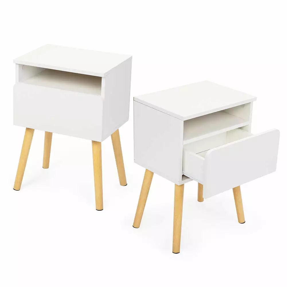 Canddidliike Industrial End Side Tables Living Room Set 2 White Nightstand Bedroom Drawers Wood Open Storage