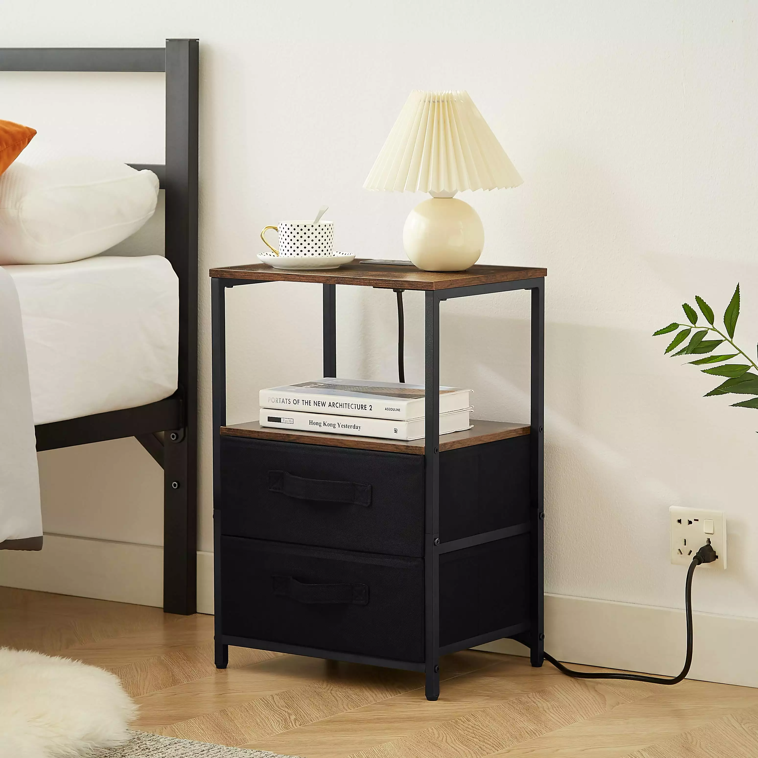 UBesGoo Side Table Charging Station and Fabric Bag Nightstand USB Port and Outlet End Table 2 Drawers and Shelf