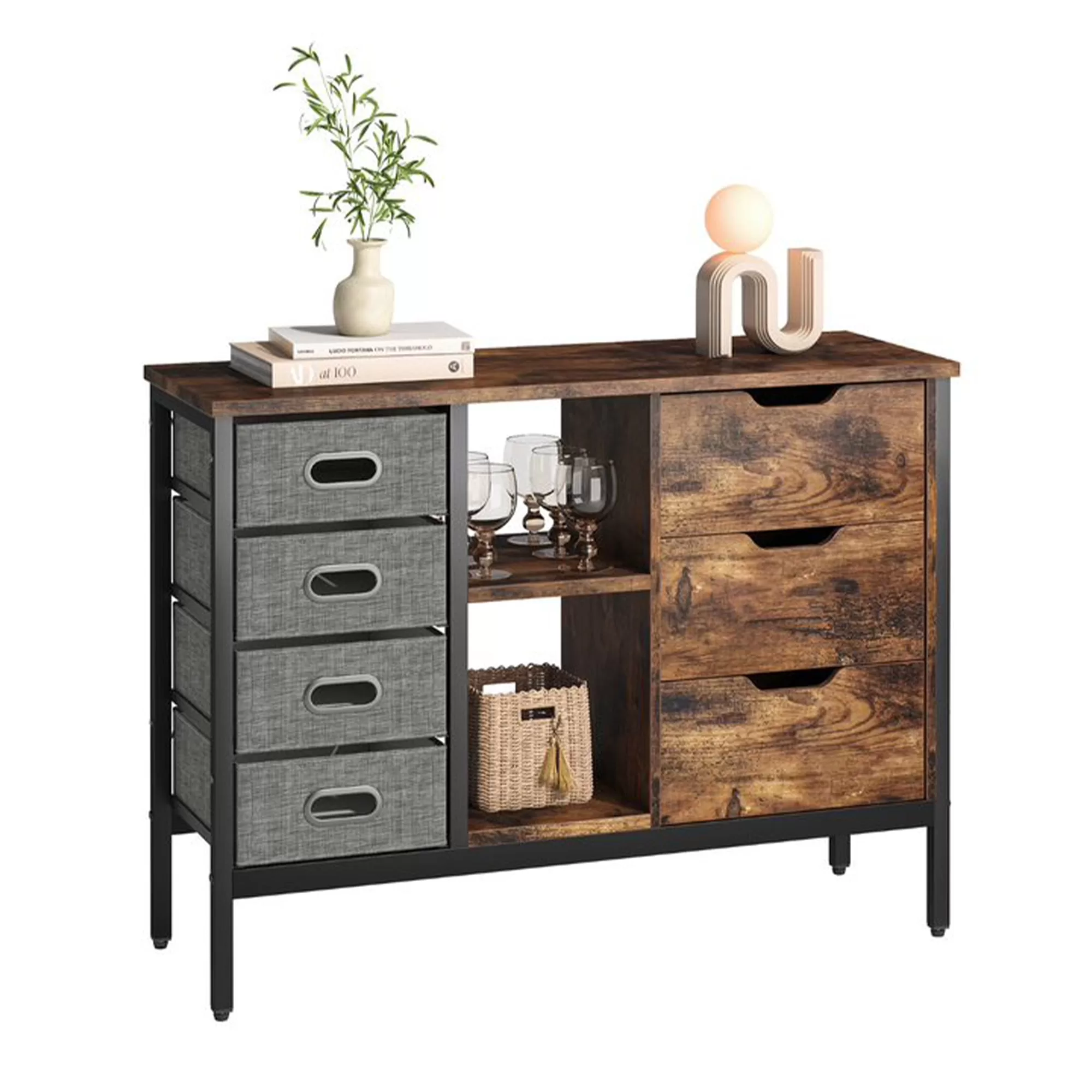 Bestier Sideboard Storage Unit 3 Drawers, 2 Shelves and 4 Sliding Fabric Cubes