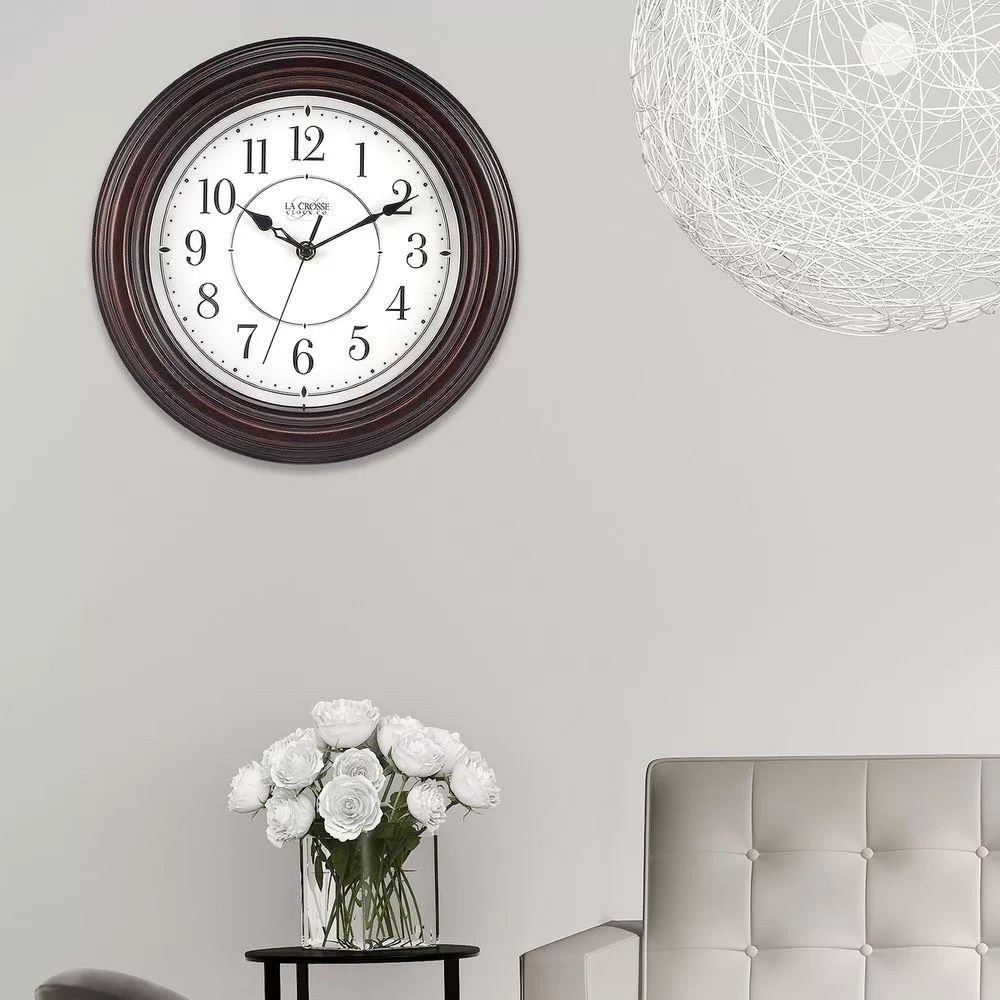 La Crosse Technology 12 Inch Round Brown Plastic Wall Clock Silent Movement