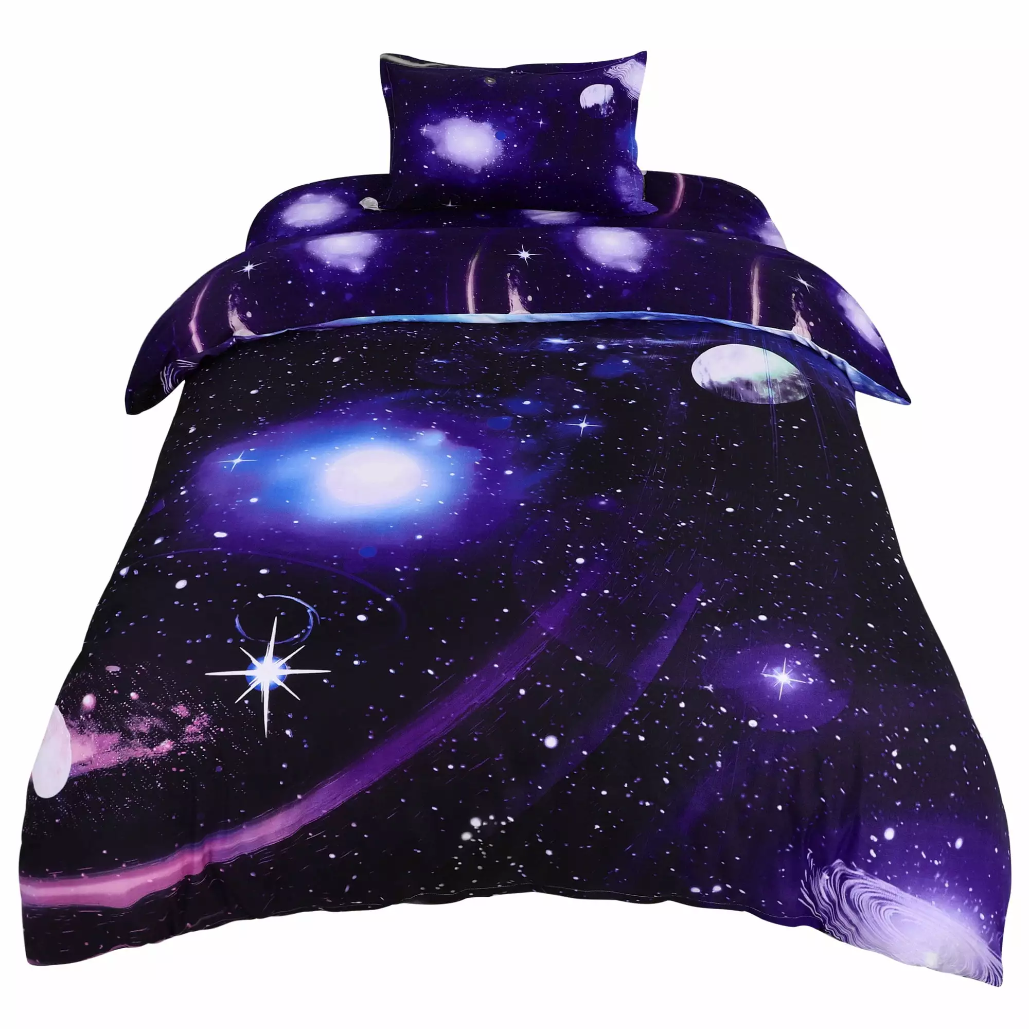 PiccoCasa Galaxy Sky Cosmos Night Single 3pcs Bedding Quilt Duvet Cover Set - Dark Purple - Space Theme