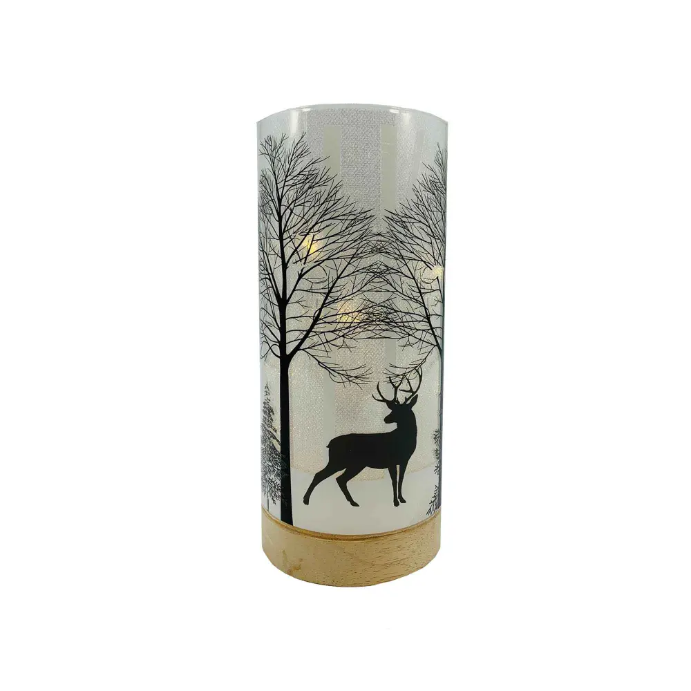 LED White Glass Lantern Wooden Base, 20 cm