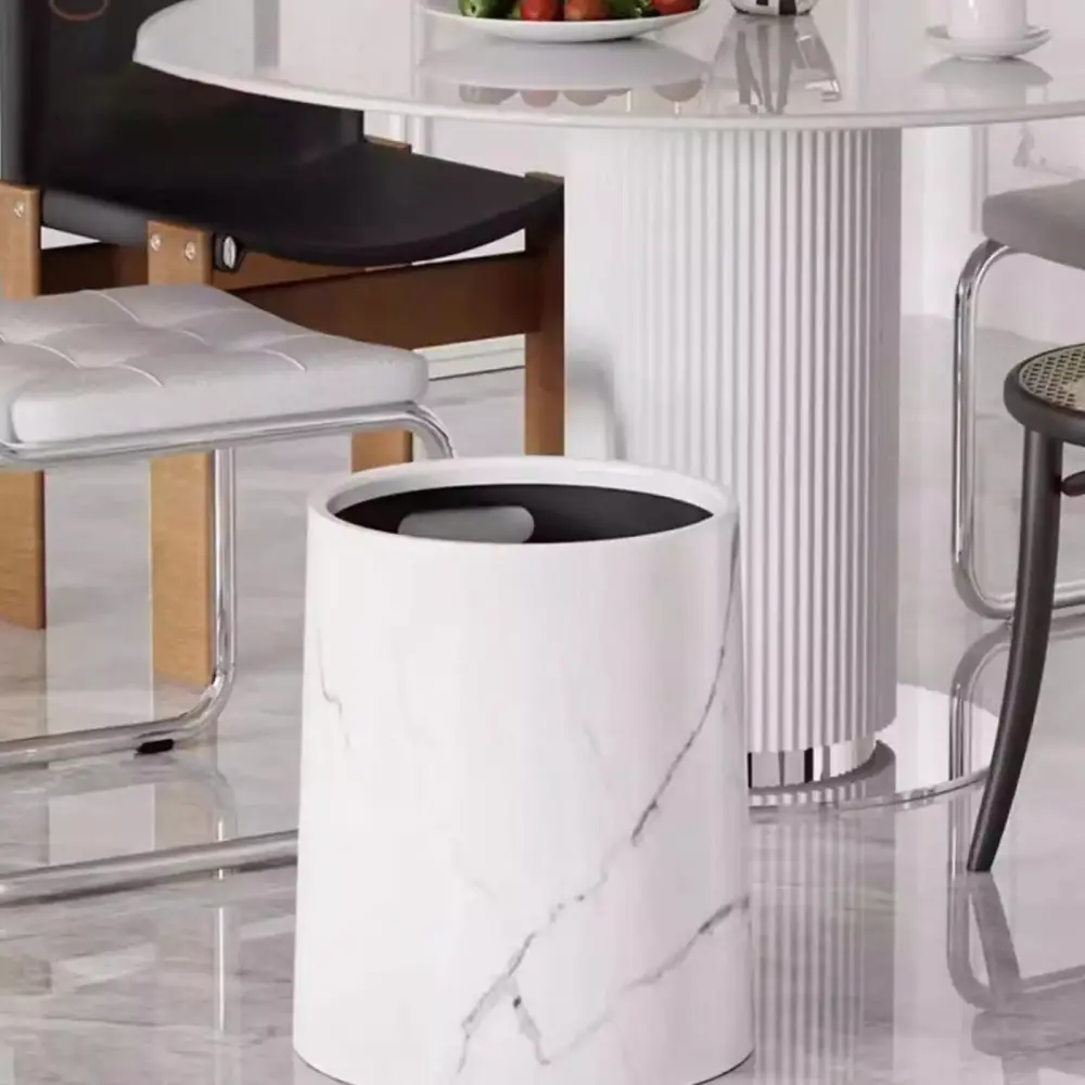 PHIGZNT Round Metal Small 3.9 Gallon Recycle Trash Can Waste Bin Garbage Container Stainless Steel White Marble