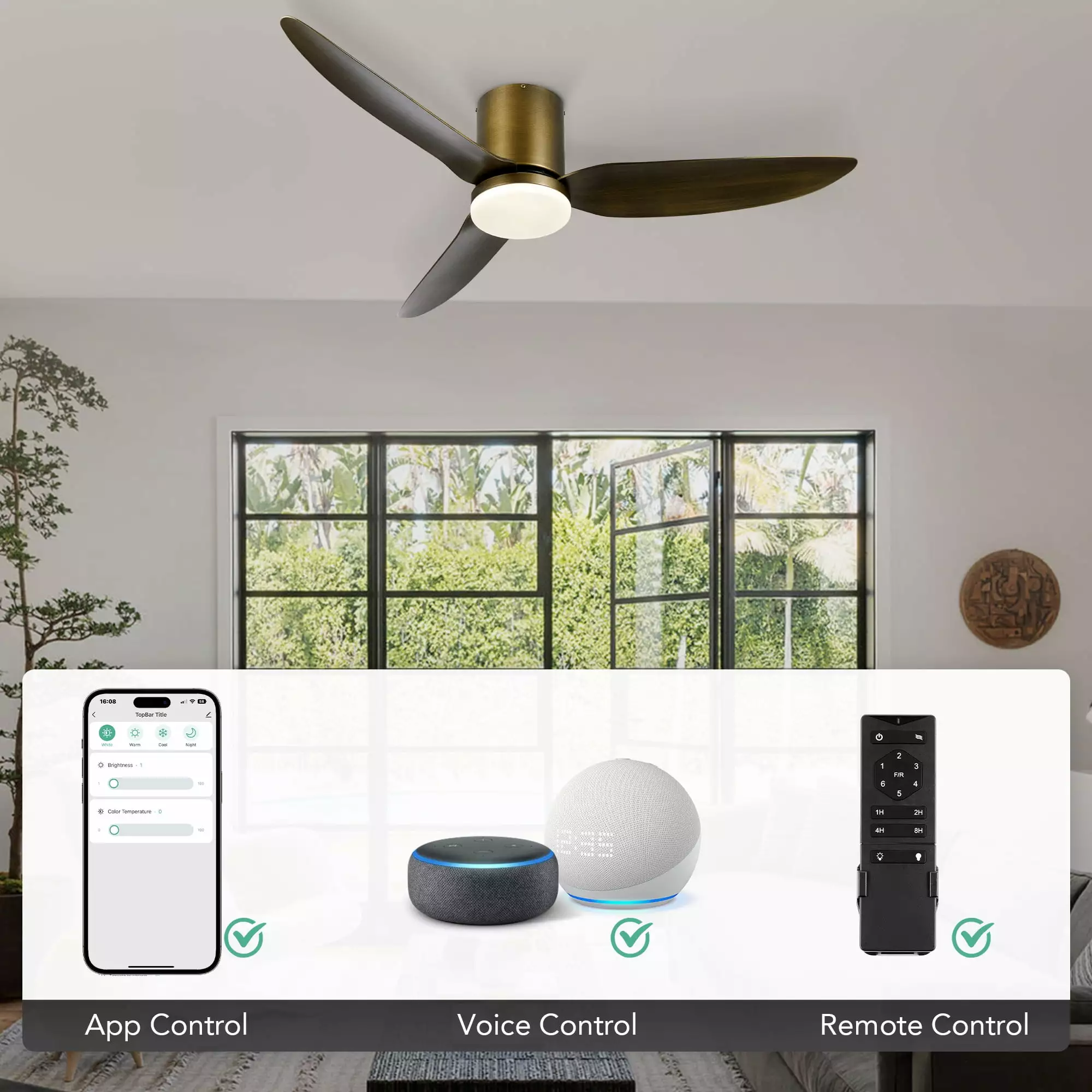 Bestco 52 3 Blade Intelligent Ceiling Fan Dimmable Light Kit & Remote Bronze