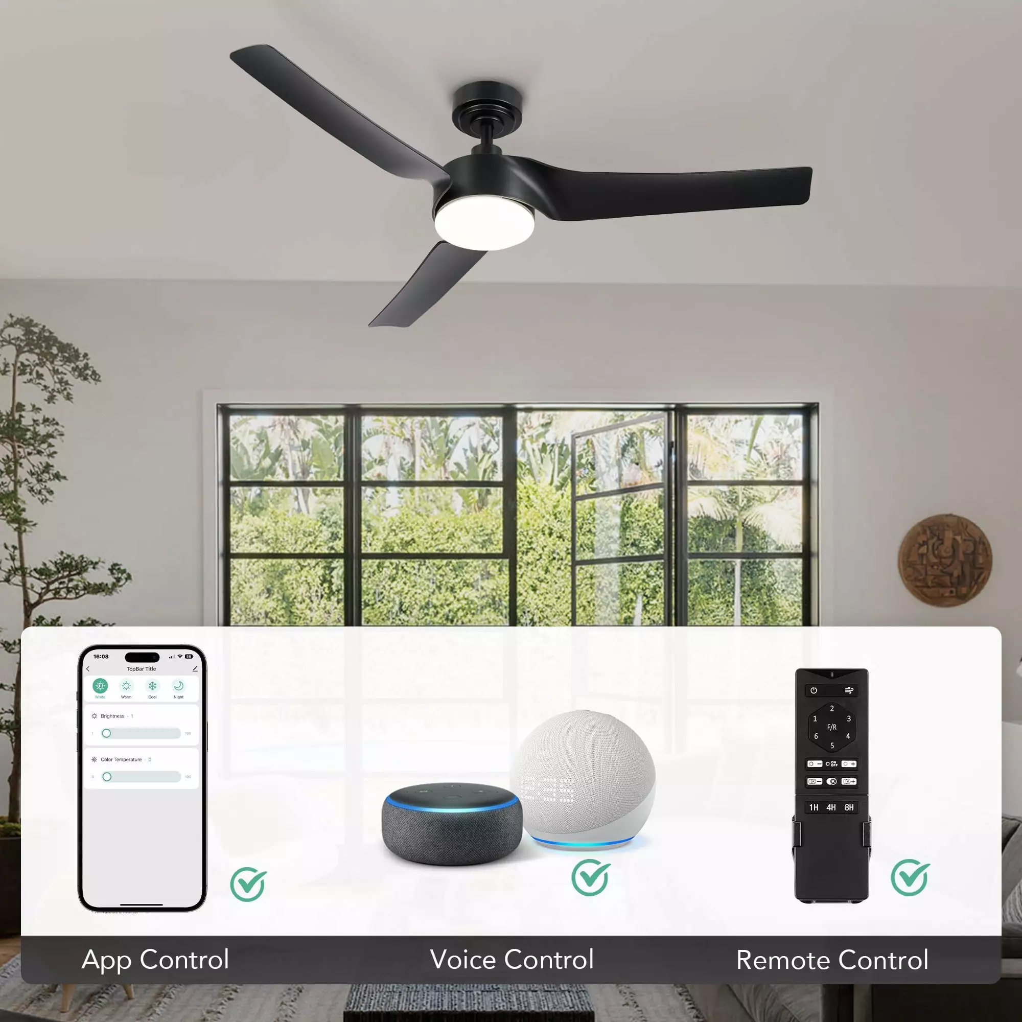 Bestco Modern 52 Inch Smart Ceiling Fan Light Remote Alexa Google Voice Control 6 Speed Reversible Dimmable LED
