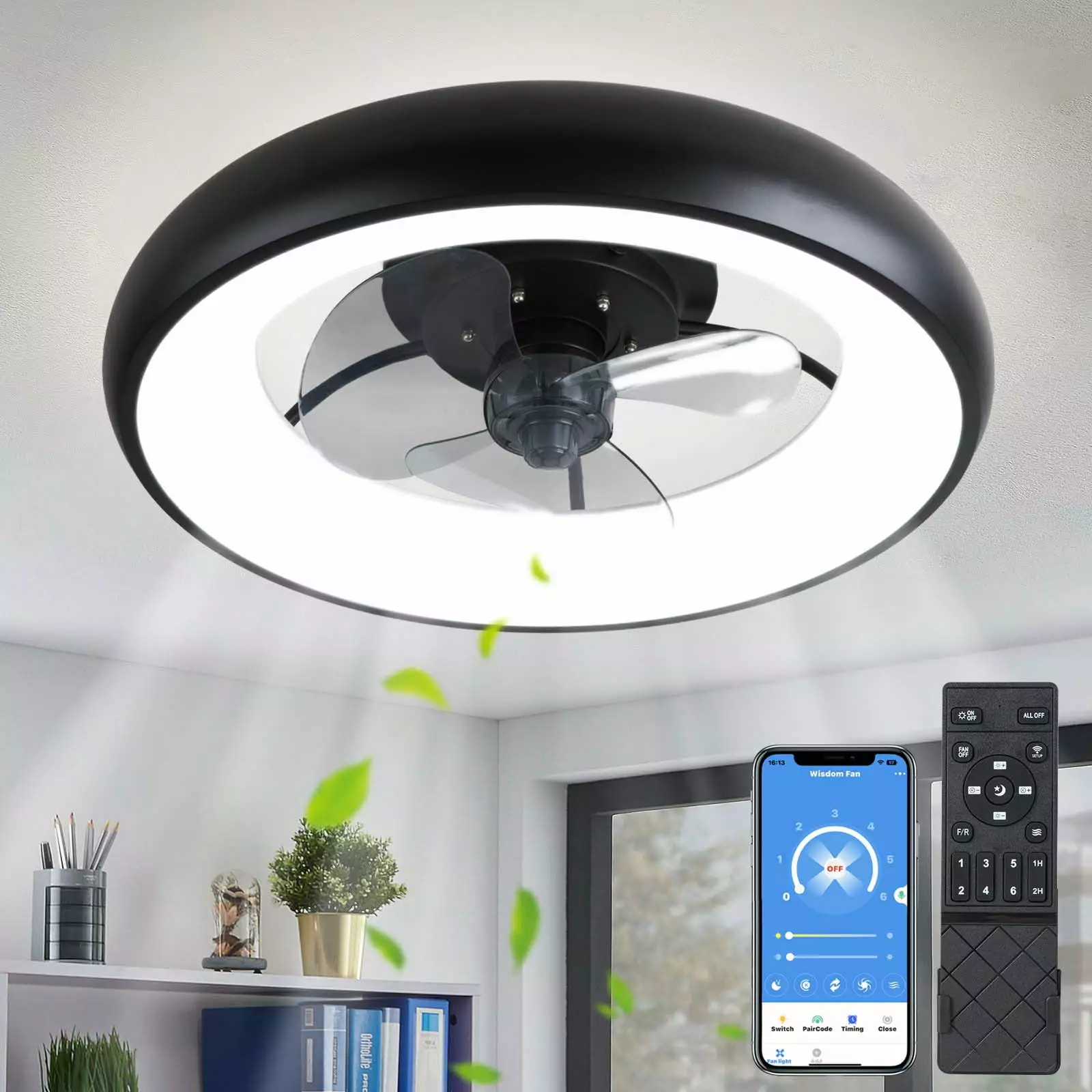 Surnie 20 Inch Flush Mount Ceiling Fan Lights Remote APP Control 6 Wind Speeds