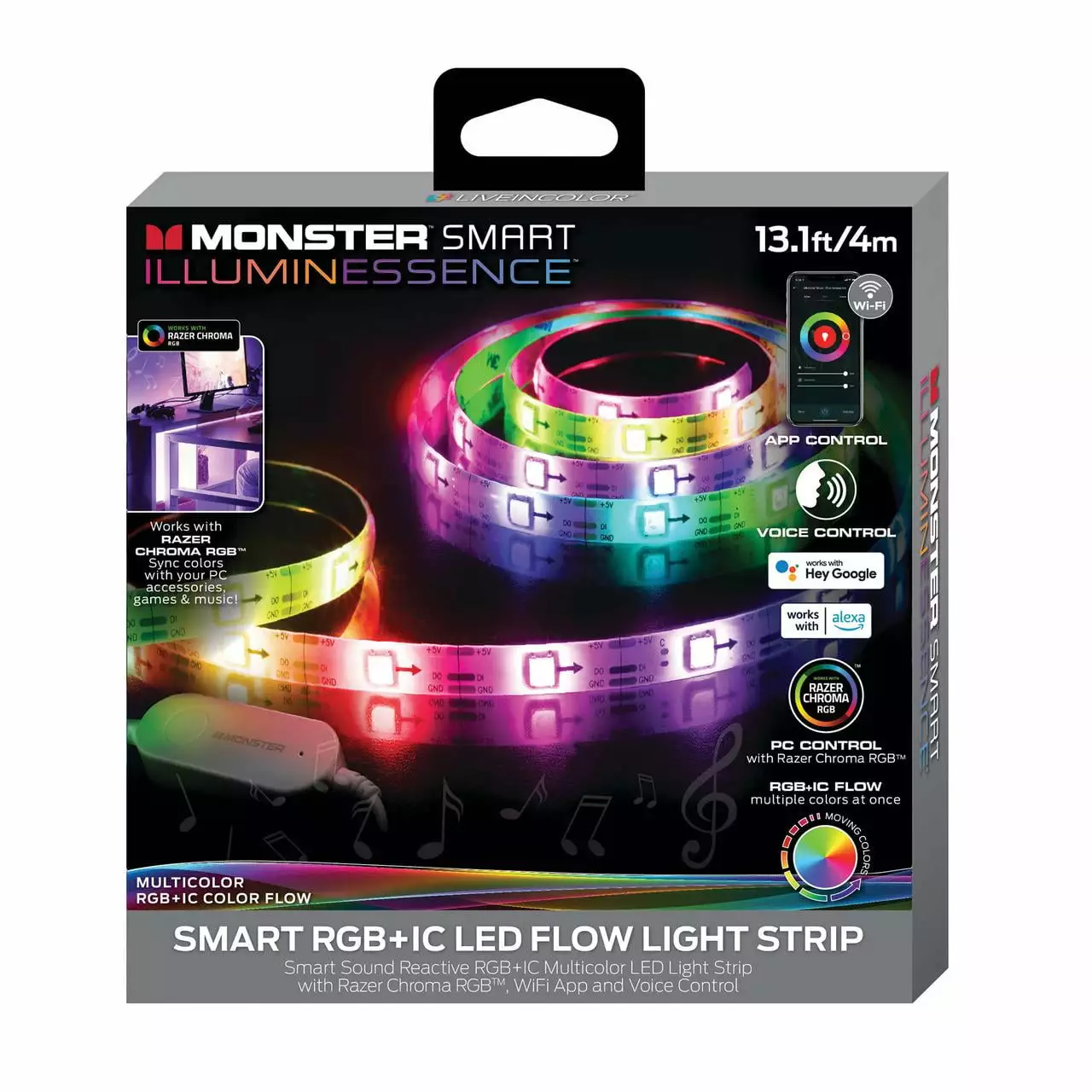 Monster LED 13.1ft Intelligent Sound Reactive Multi-Color Color Flow Effect Light Strip App Control