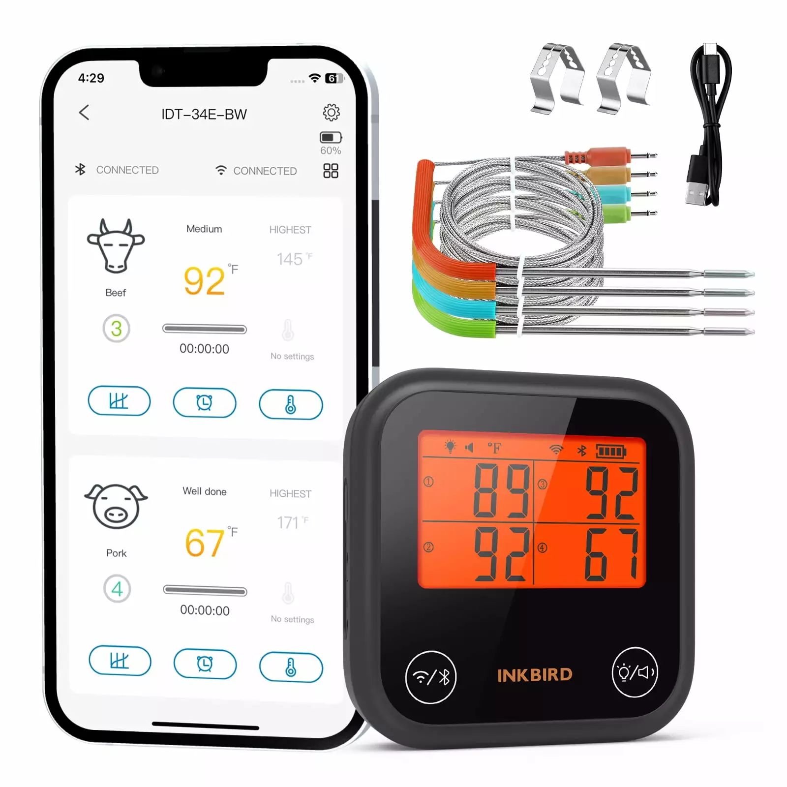 Inkbird WiFi Bluetooth Meat Thermometer 4 Colored Probes Wireless BBQ Thermometers Barbecue Smoker Oven APP Calibration Te...