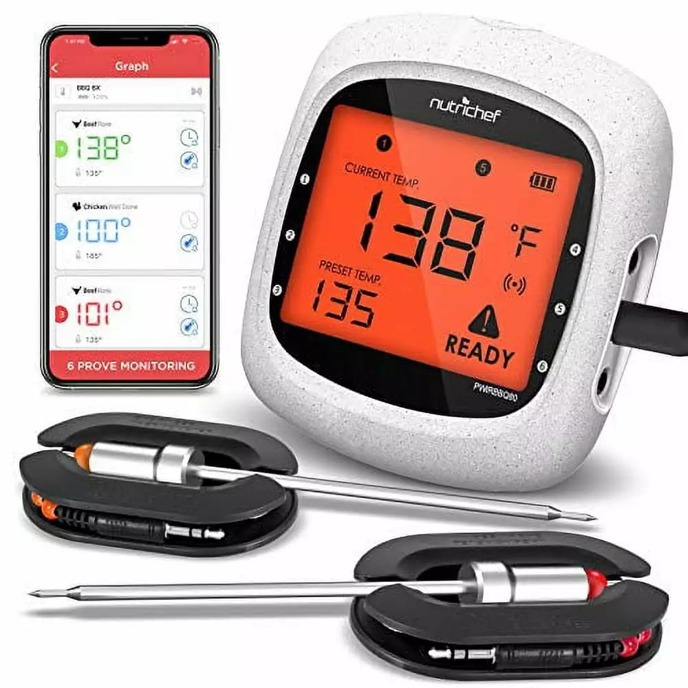 NutriChef Bluetooth Meat Thermometer Grilling and Smoking Wifi Grill Thermometer Outside BBQ and Smoker Oven 6 Temperature...