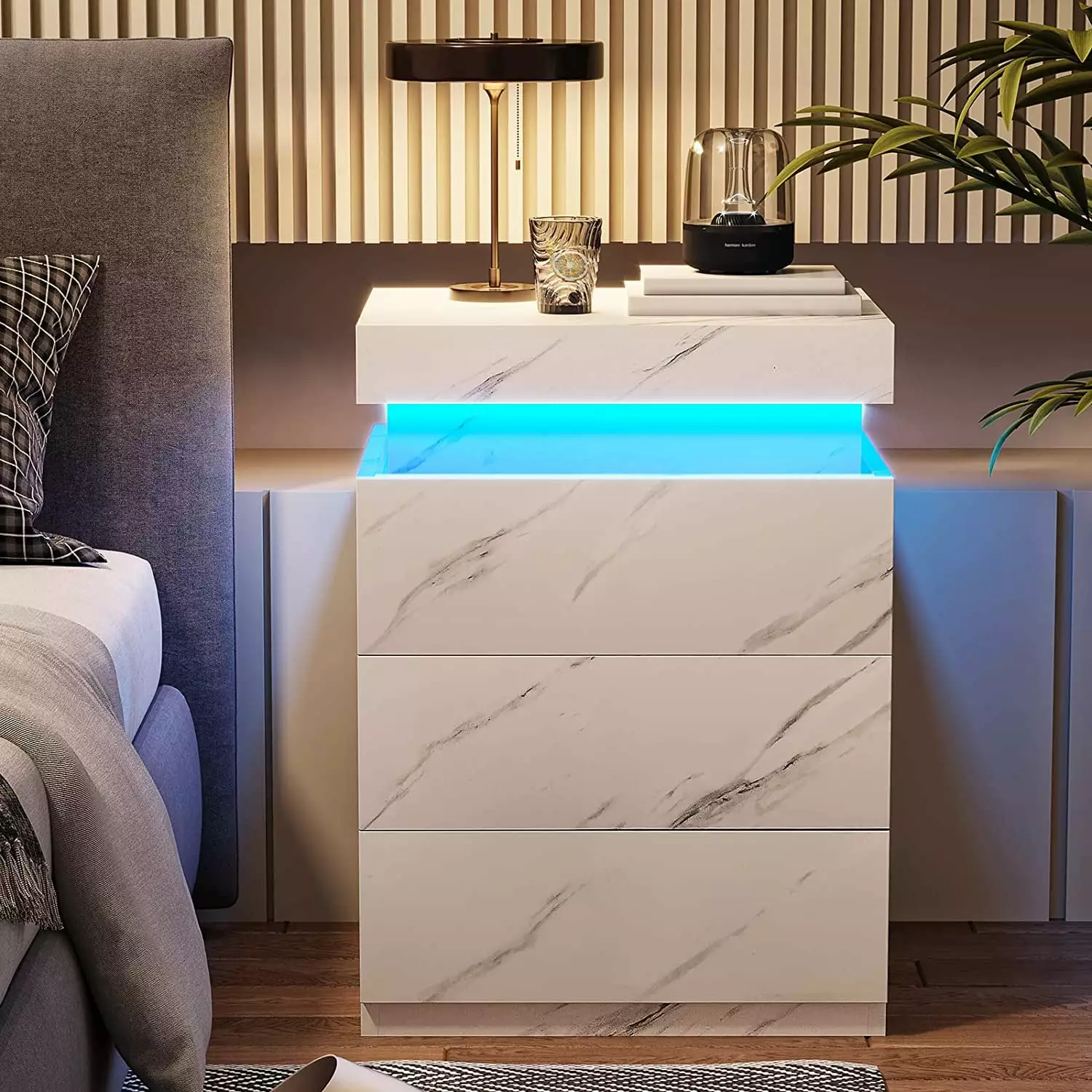White Marble LED Nightstand Charging Station Sliding Top Bedside Table Drawers Modern Furniture Afuhokles