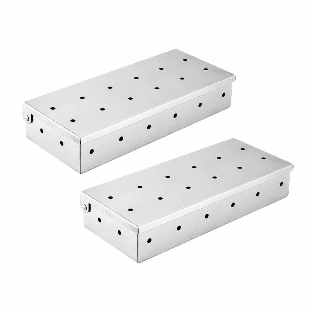 HOMEMAXS 2pcs Stainless Steel Barbecue Smoker Wood Chips Charcoal Box Silver